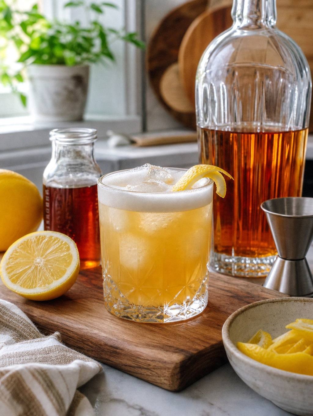 Maple whiskey sour in glass with frothy top and ice, lemon slice on rim