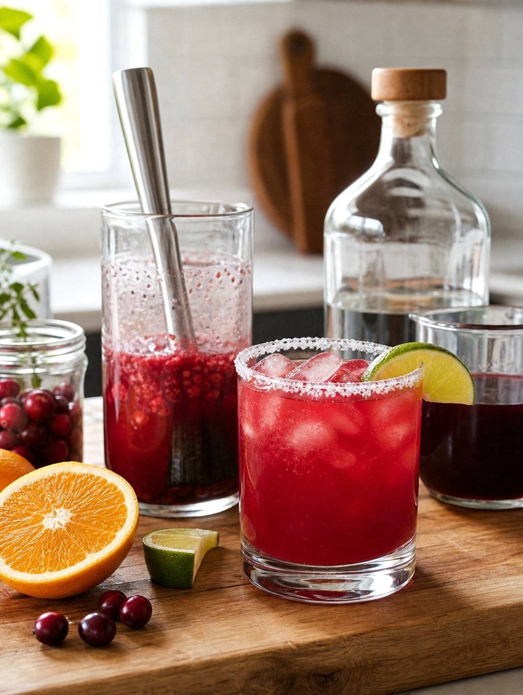 Cranberry margarita in wine glass with sugar-salt rim, orange and lime slices, red liquid
