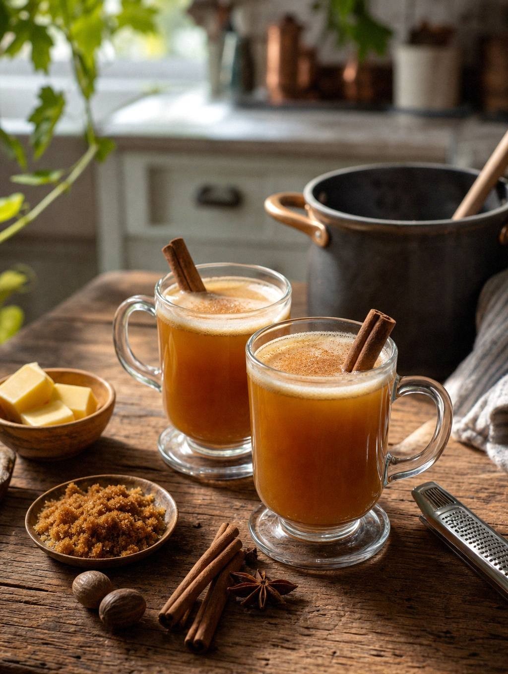 Hot buttered rum in mug with melted butter on top, cinnamon stick, steam rising