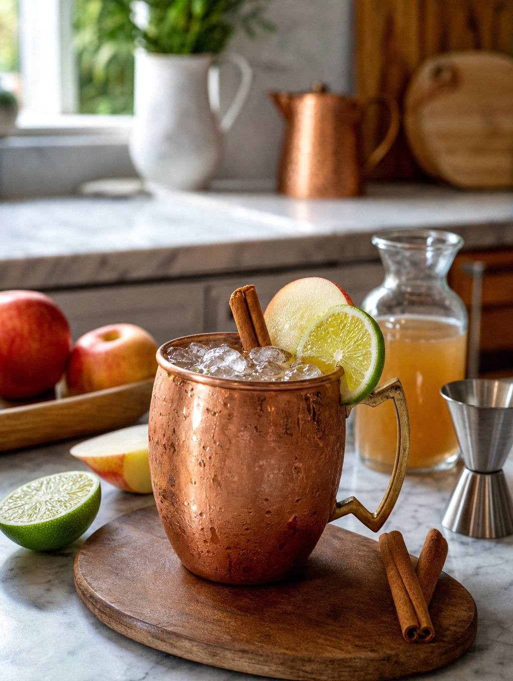 Apple cider Moscow mule in copper mug with ice, apple slice, and ginger beer foam