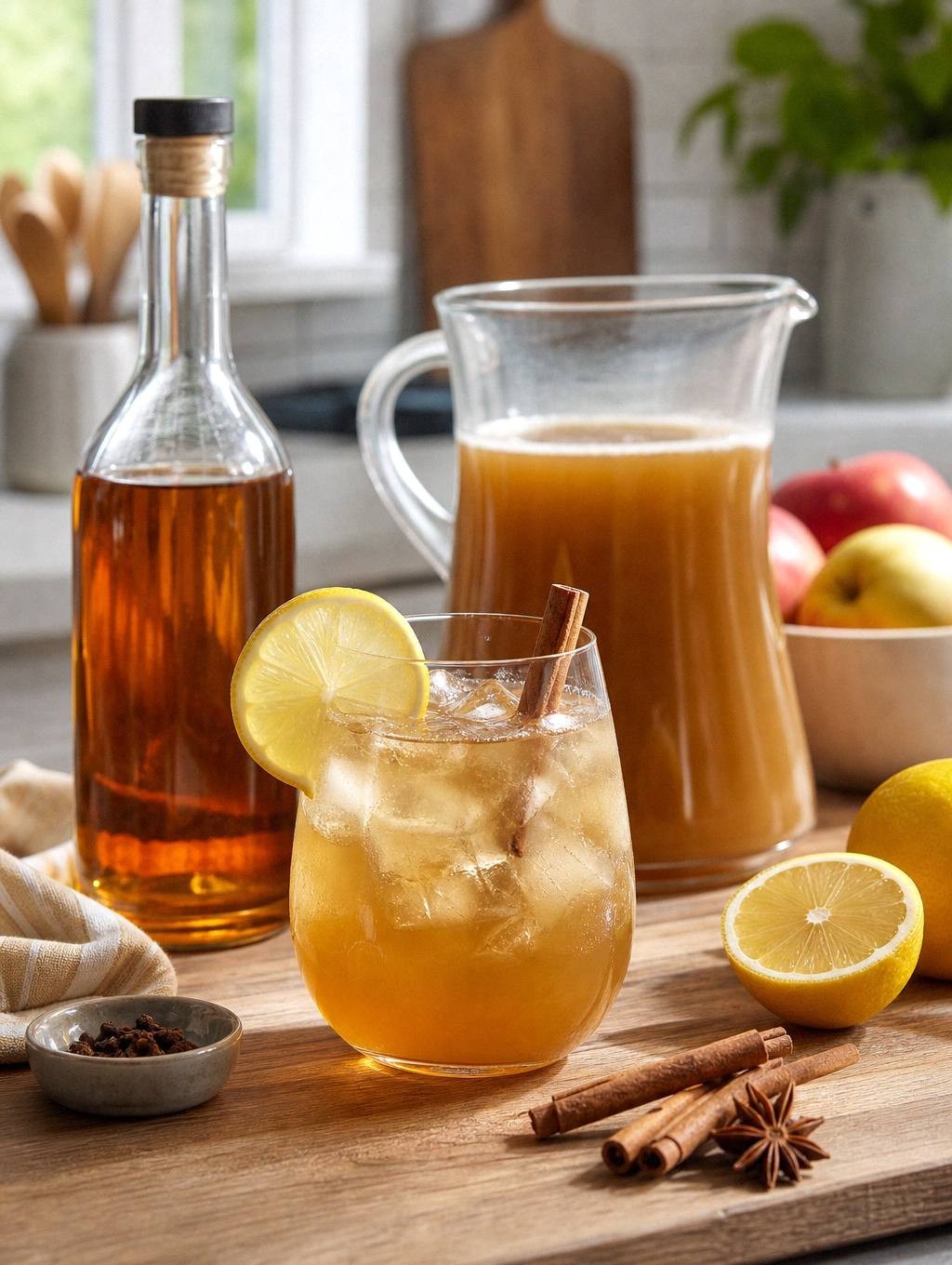 Spiced rum cider in glass with ice, lemon wheel, and cinnamon stick garnish
