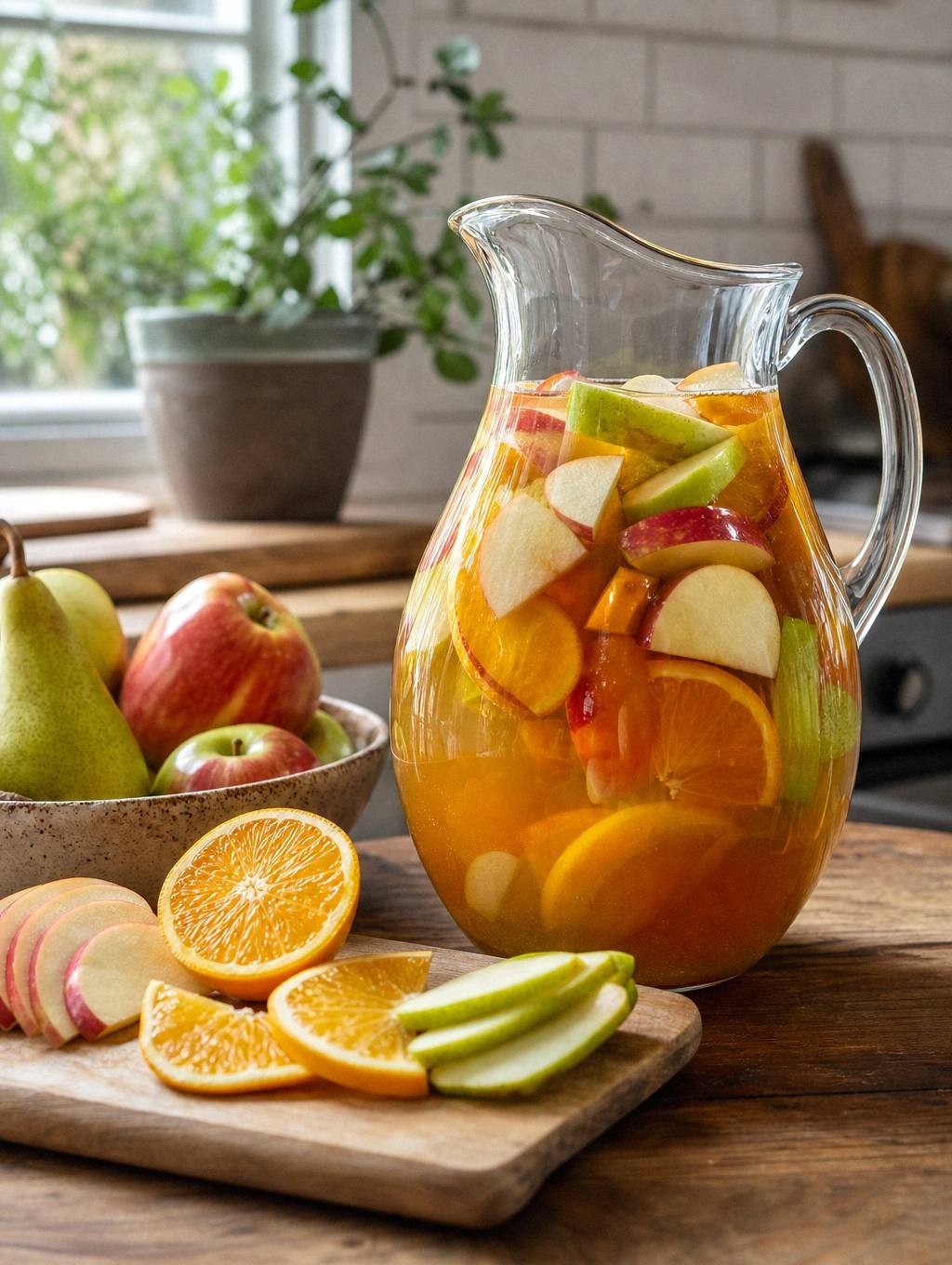 Fall sangria in pitcher with apple, pear, and orange slices floating in red wine
