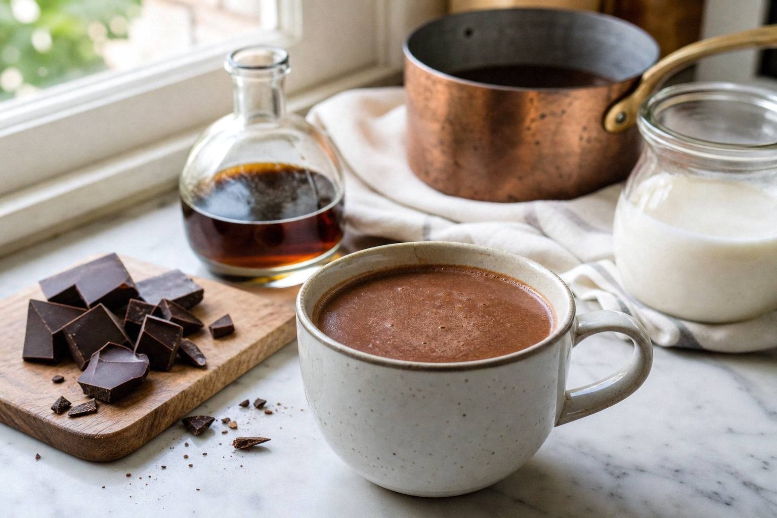 mug of rum hot chocolate with dark chocolate shavings on top, cream pitcher in background