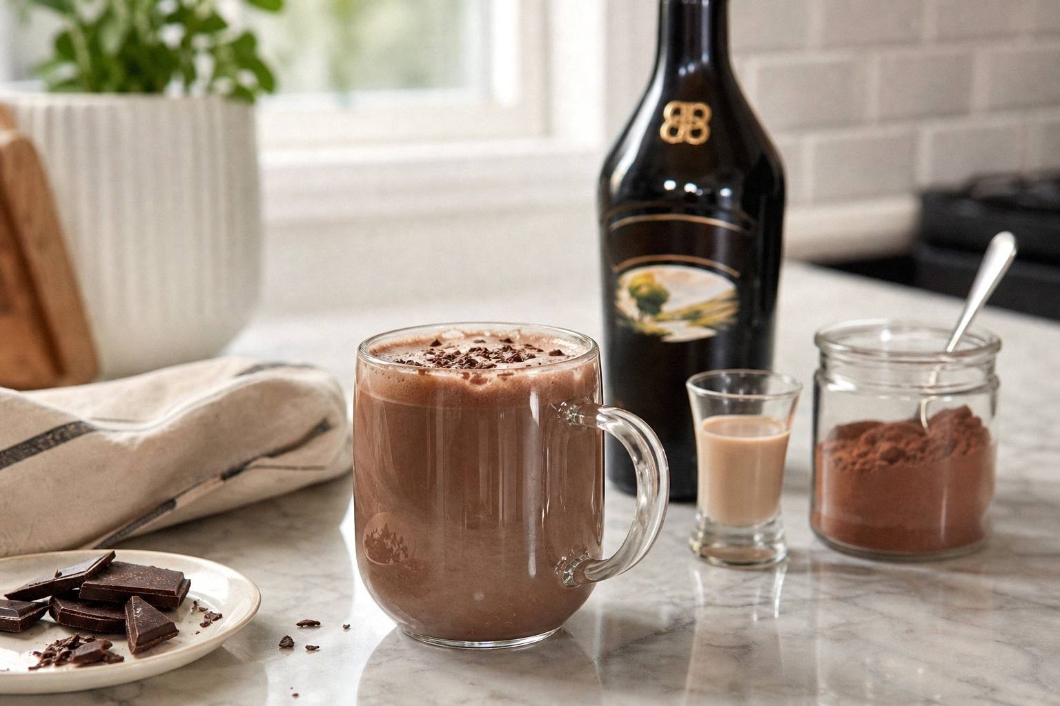 glass mug of Baileys hot chocolate topped with whipped cream and cocoa powder