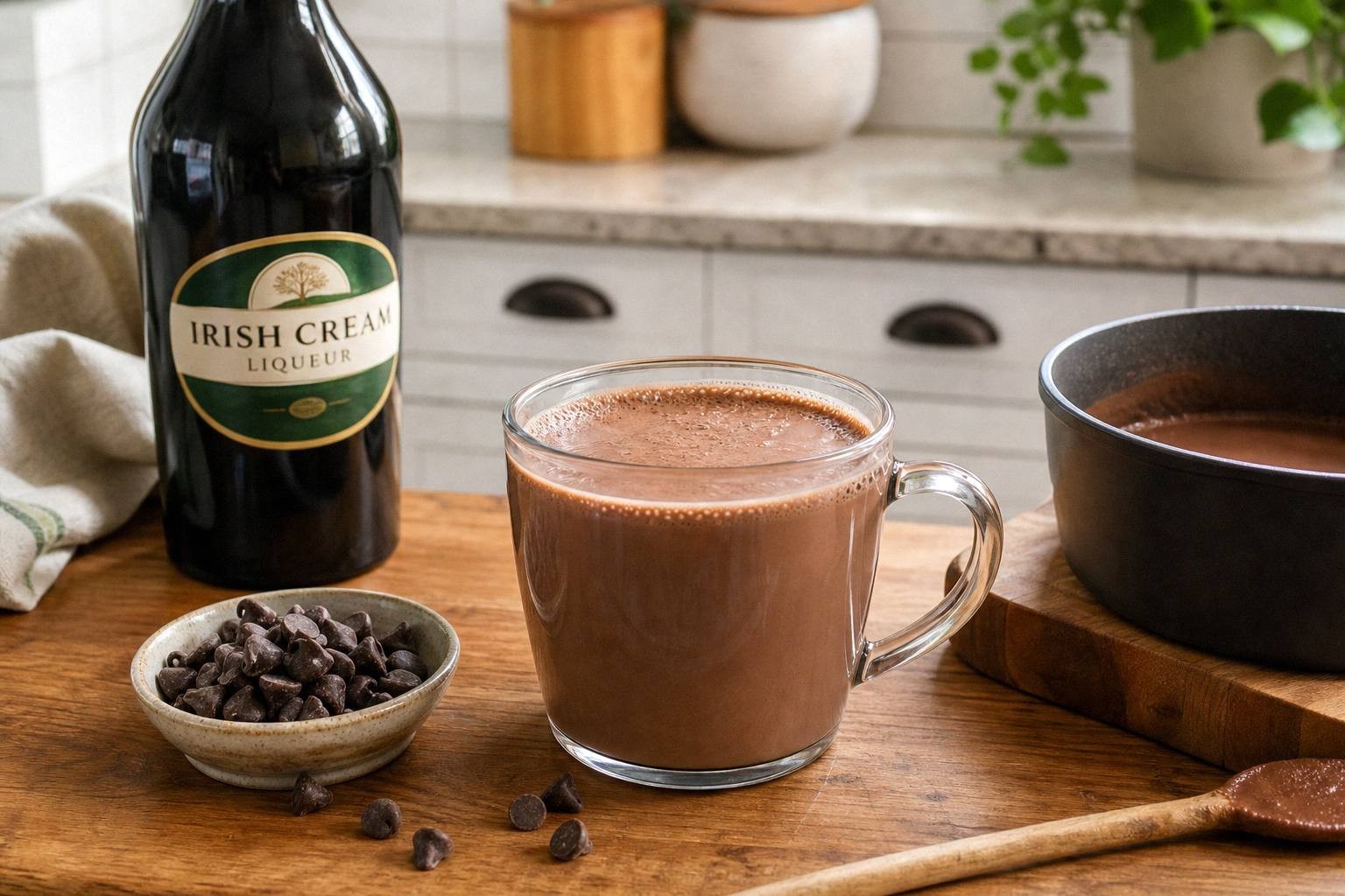 ceramic mug of Irish cream hot chocolate with melted chocolate chips visible in the drink