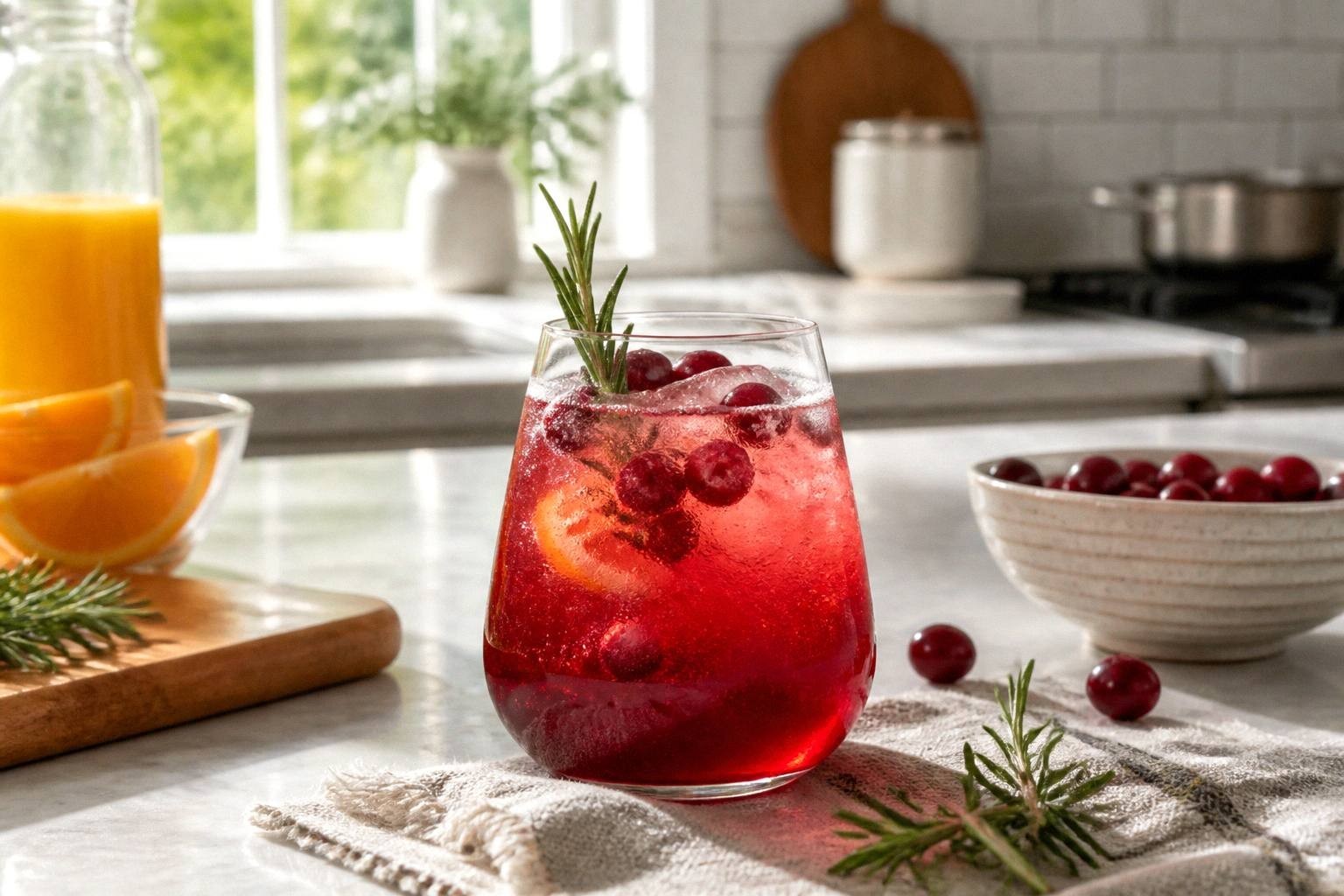 cranberry mocktail in clear glass with rosemary sprig, frozen cranberries, and orange slices