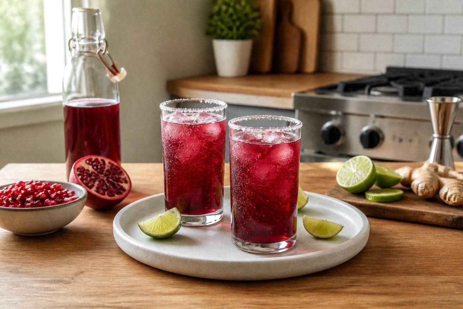 sparkling pomegranate mocktail with salted rim, lime wheel, and pomegranate arils floating in glass