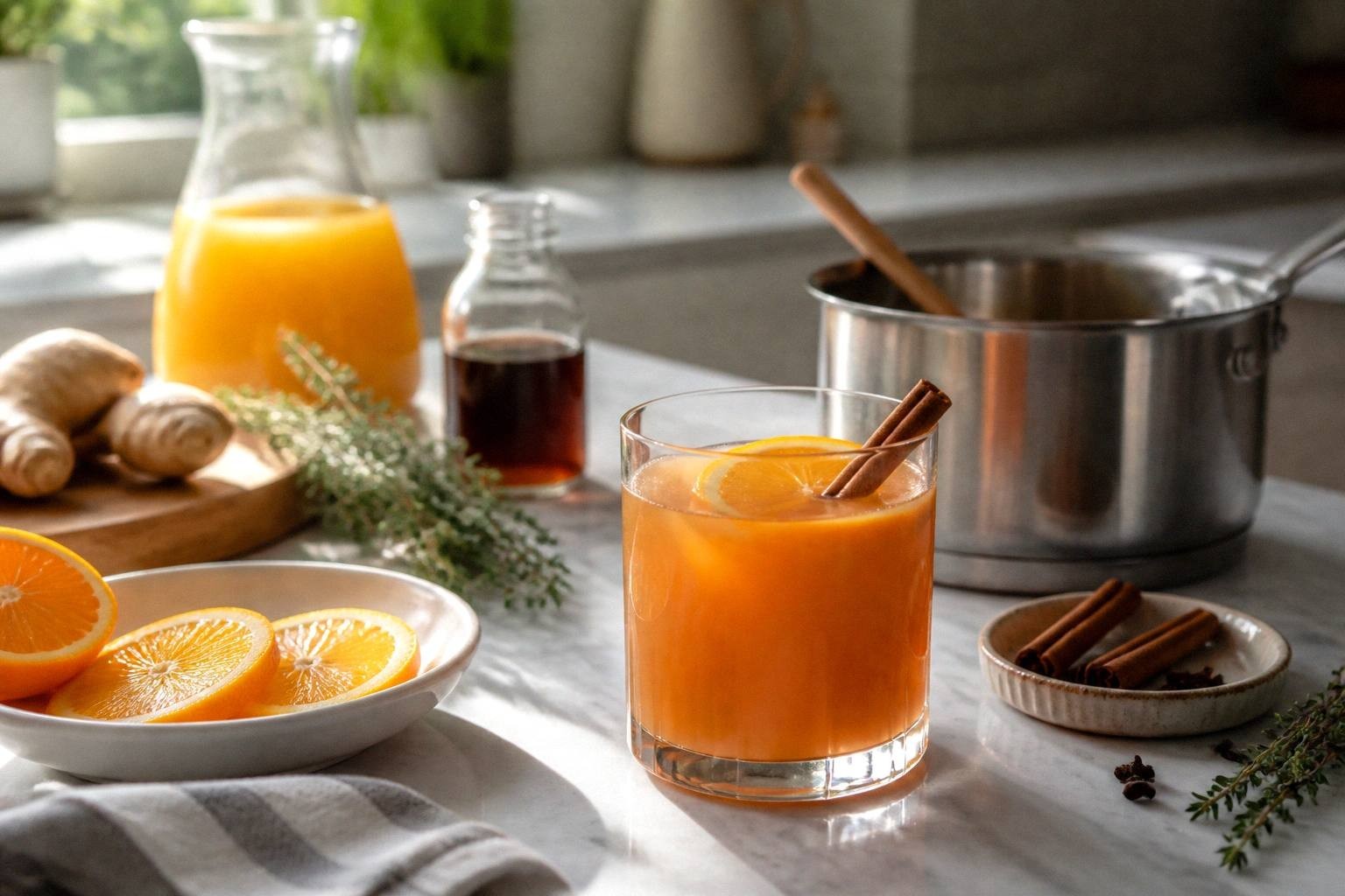 spiced orange mocktail in glass with cinnamon stick, orange slice, and thyme garnish