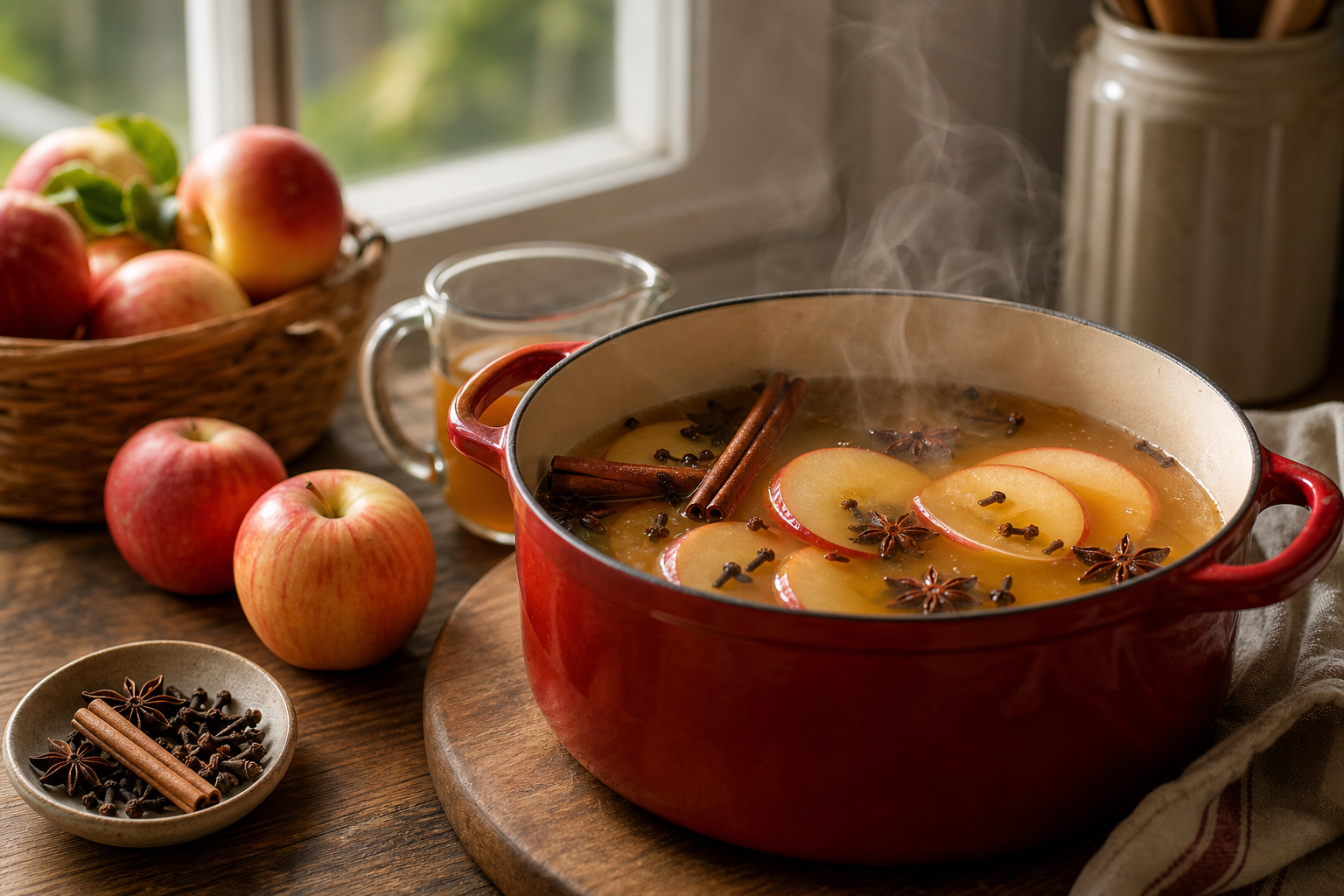 Hot spiked apple cider with rum in a clear glass mug, cinnamon stick and star anise garnish, steam rising