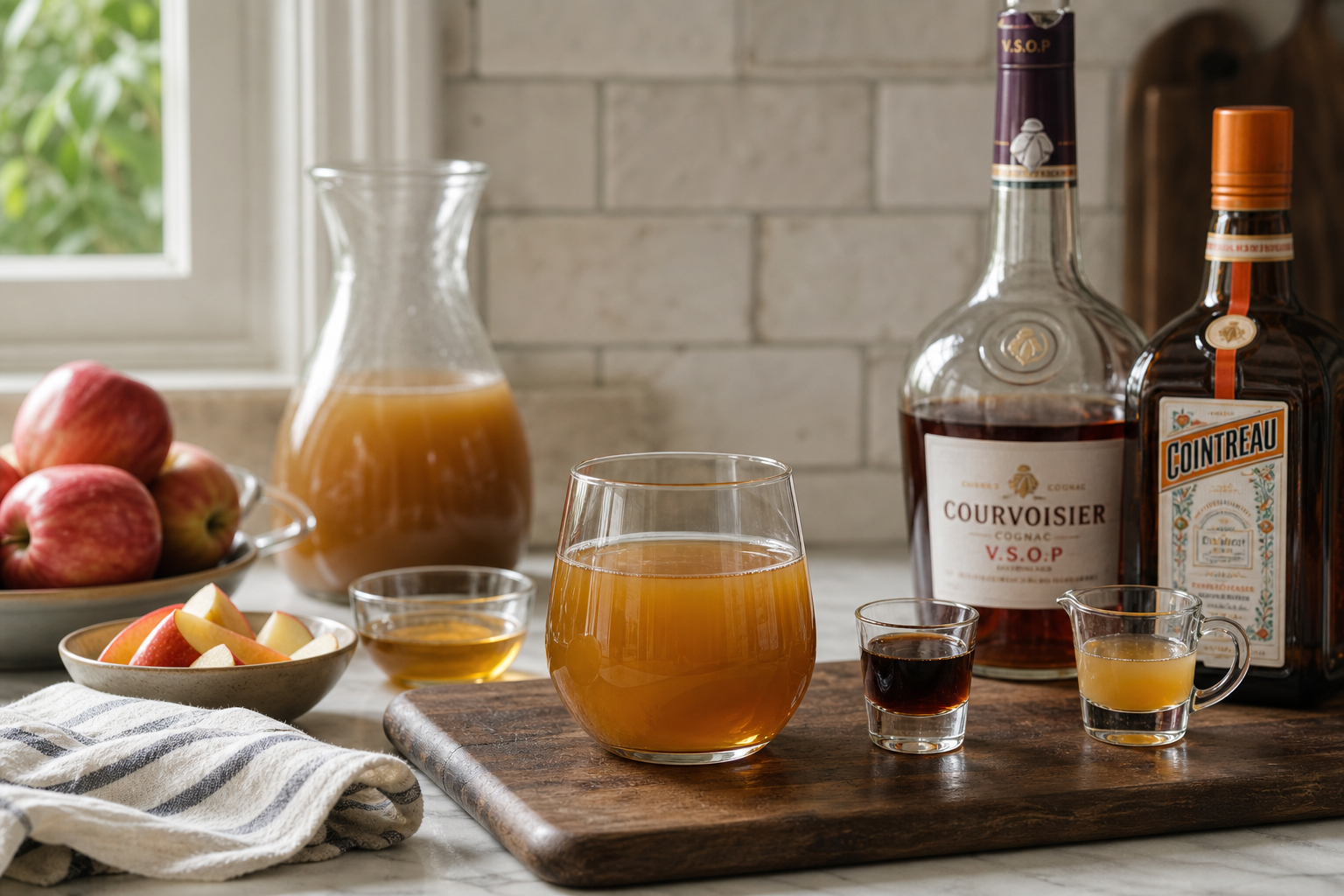 Spiked apple cider with brandy in a coupe glass, brandied cherry garnish, on a dark wood surface