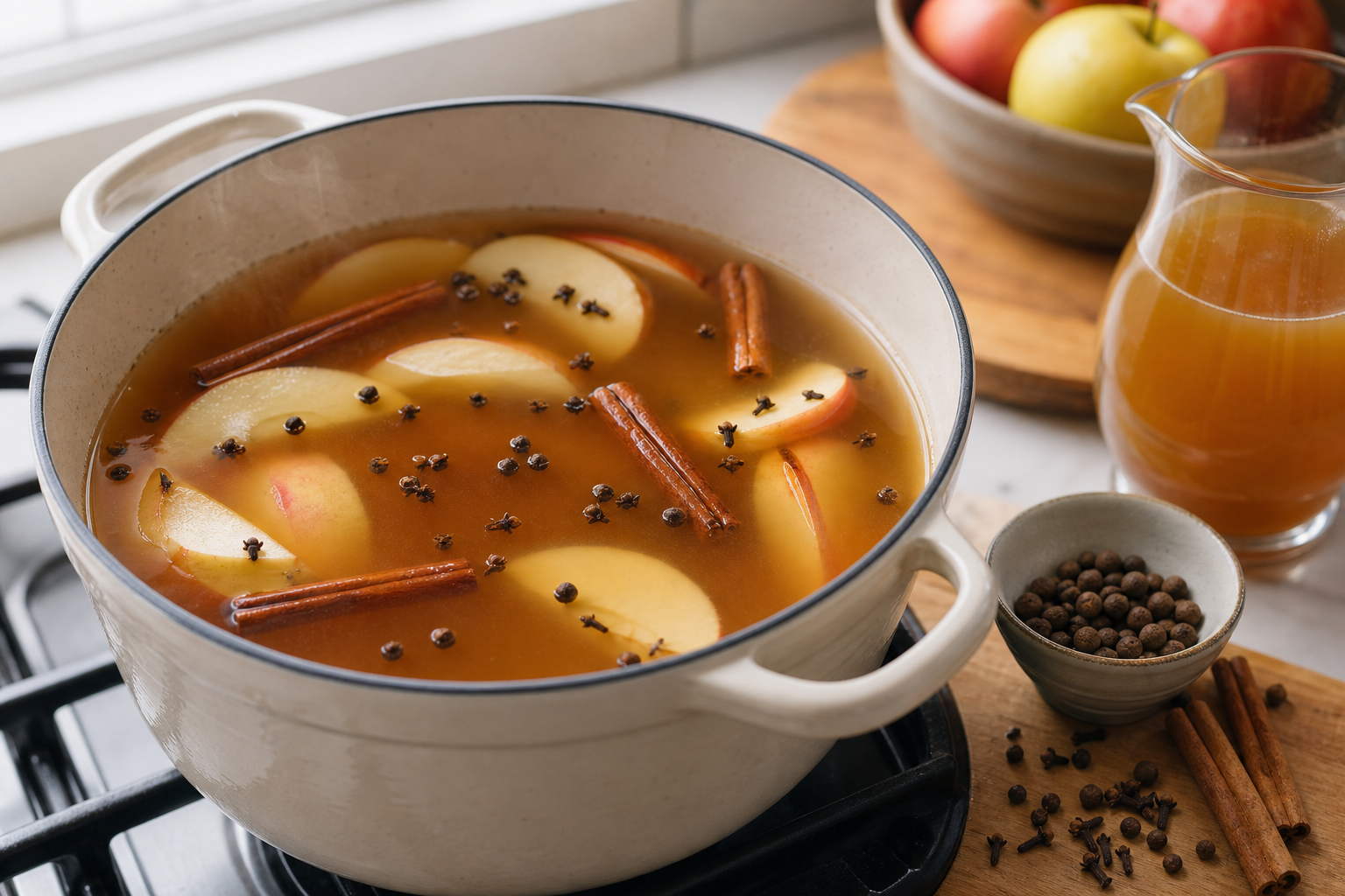 Mulled apple cider simmering in a pot with whole spices visible, cinnamon sticks and cloves floating