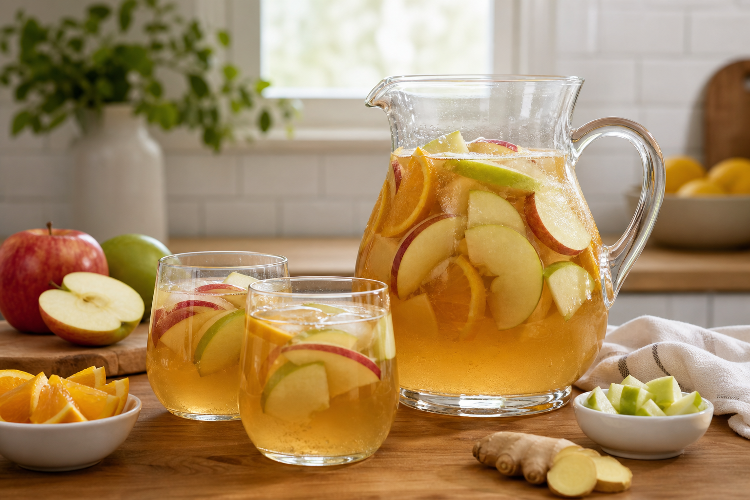 glass of apple cider sangria with sliced apples and citrus floating in white wine
