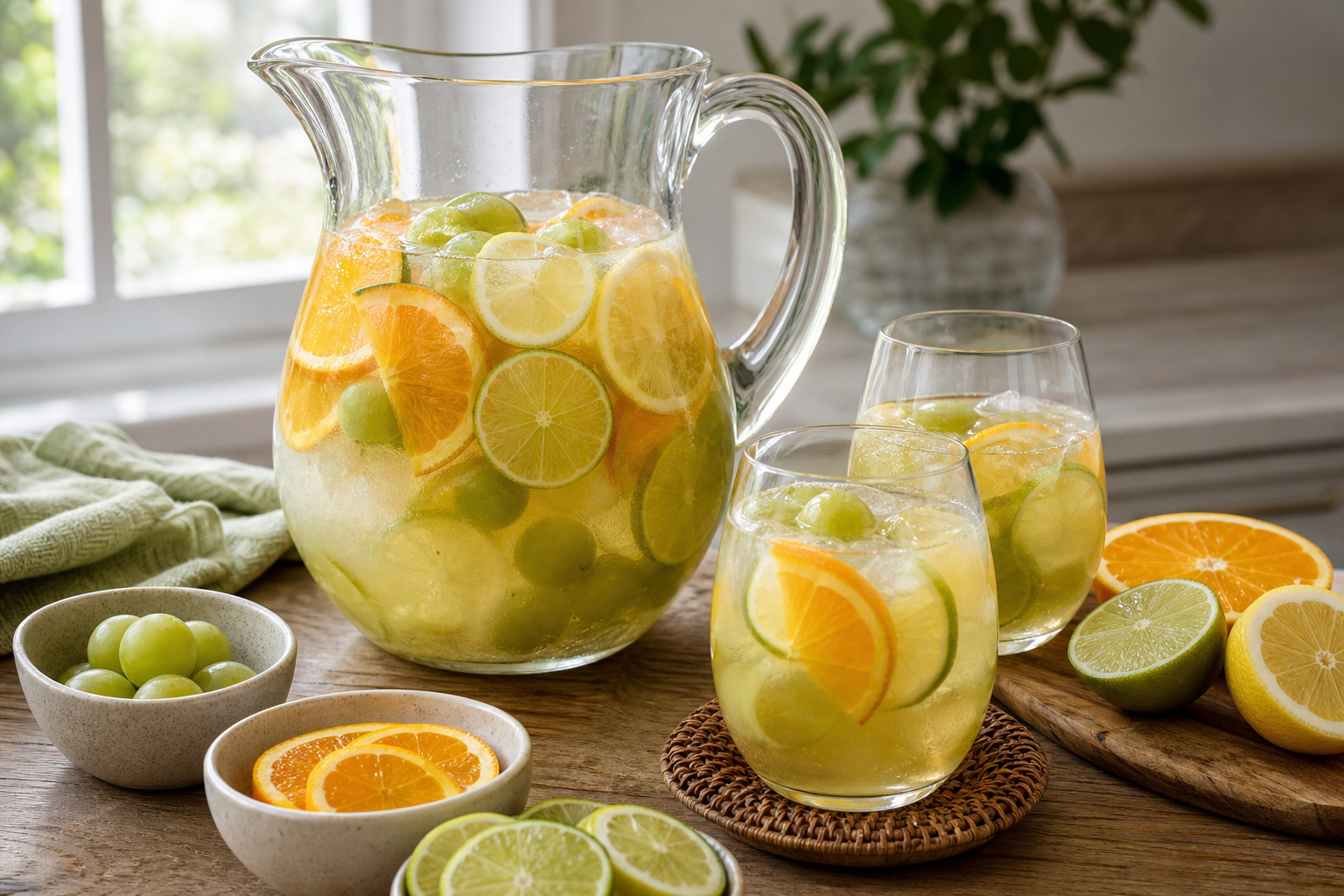 pitcher of white wine sangria with orange slices, lemon wheels, and frozen grapes