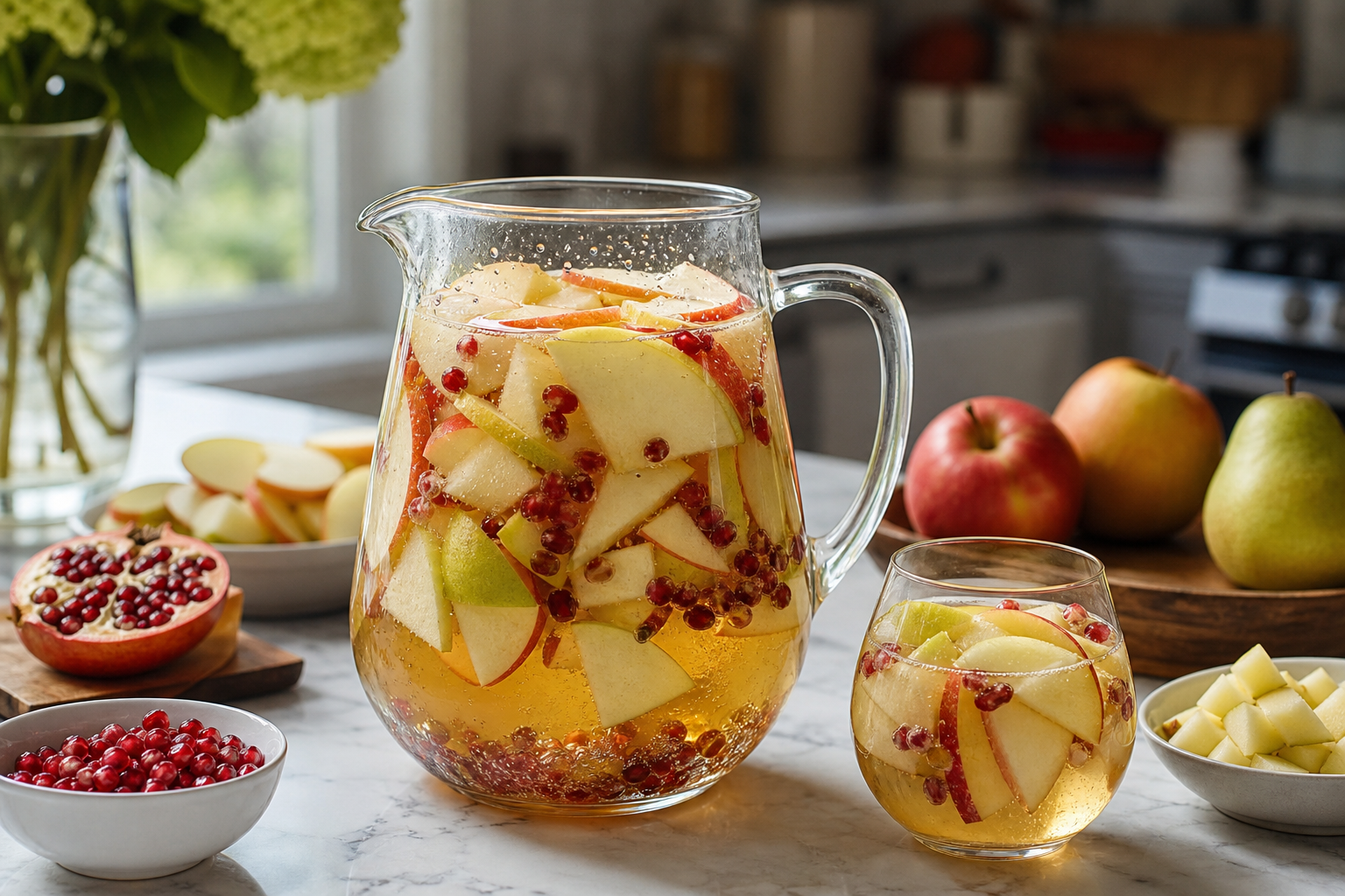 autumn harvest sangria in a clear pitcher with apple slices, pear chunks, and pomegranate seeds
