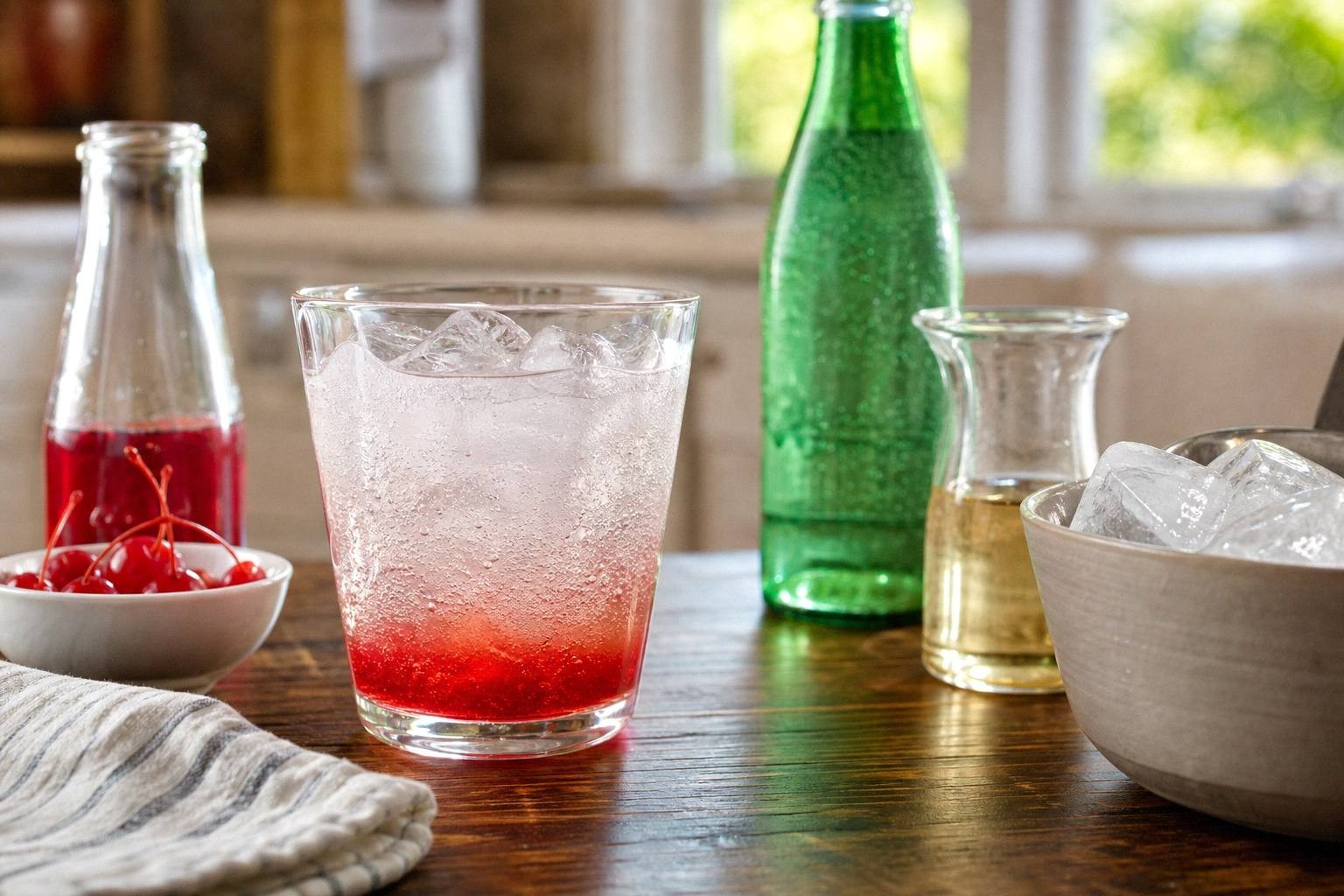 Shirley Temple in tall glass with ice, pink grenadine settling at bottom, maraschino cherry