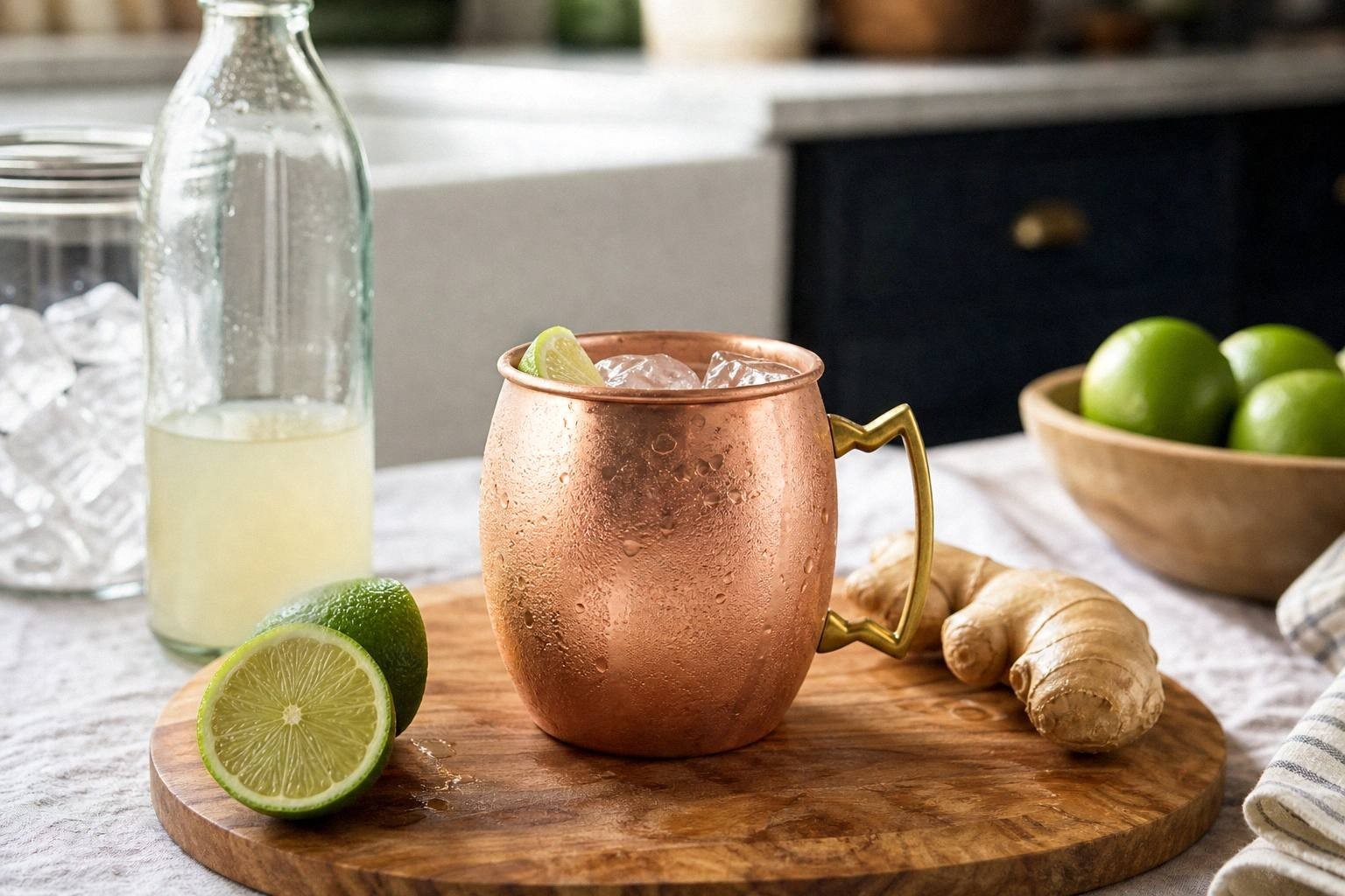 Virgin Moscow Mule in copper mug filled with ice, ginger beer, lime wedge garnish
