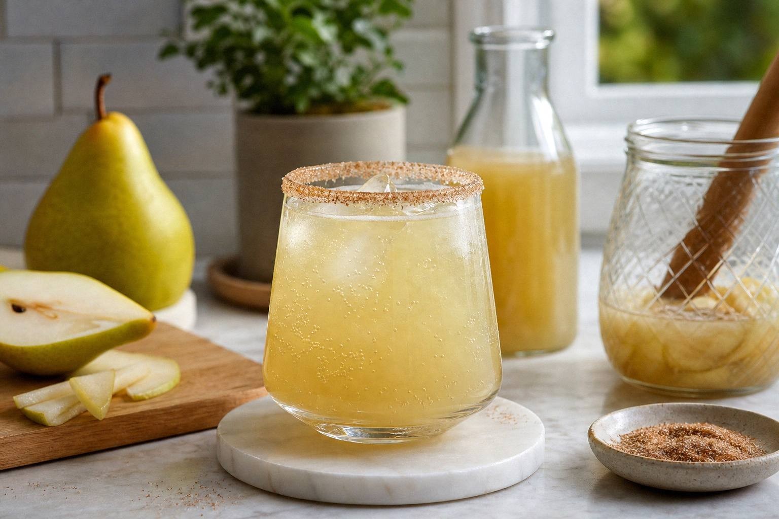 Pear Ginger Beer Mocktail in glass with cinnamon-sugar rim, pear slice garnish