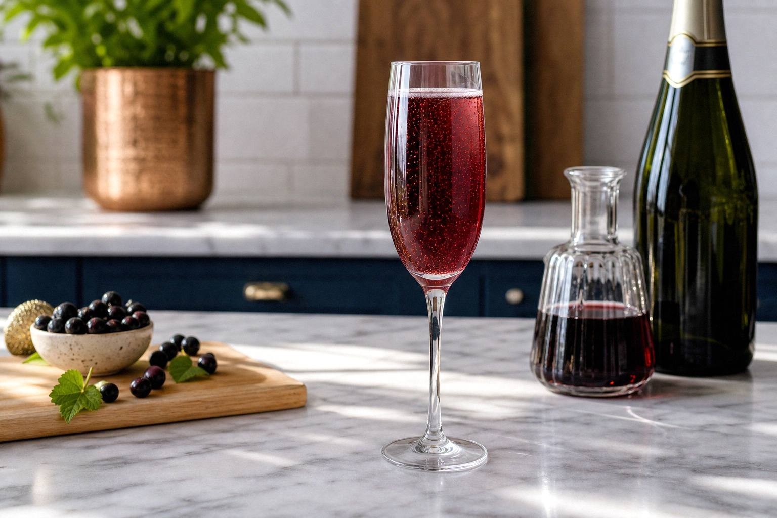 Kir Royale in a champagne flute showing dark cassis liqueur at the bottom with champagne on top