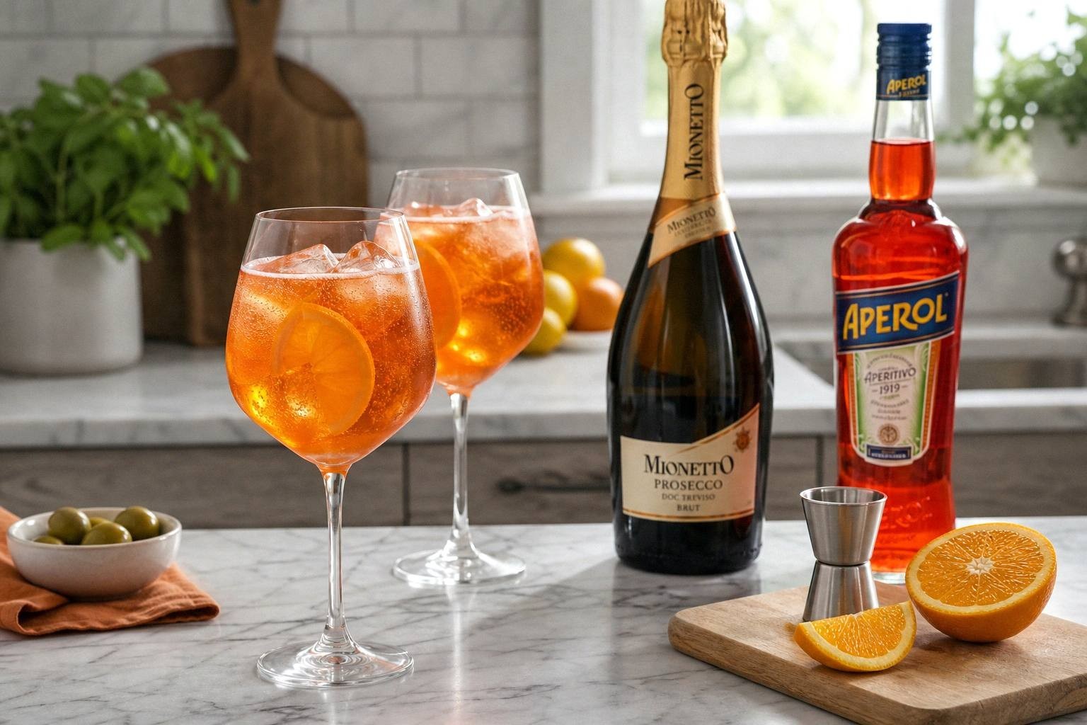 Aperol Spritz in a wine glass filled with ice, orange liquid, and an orange slice garnish