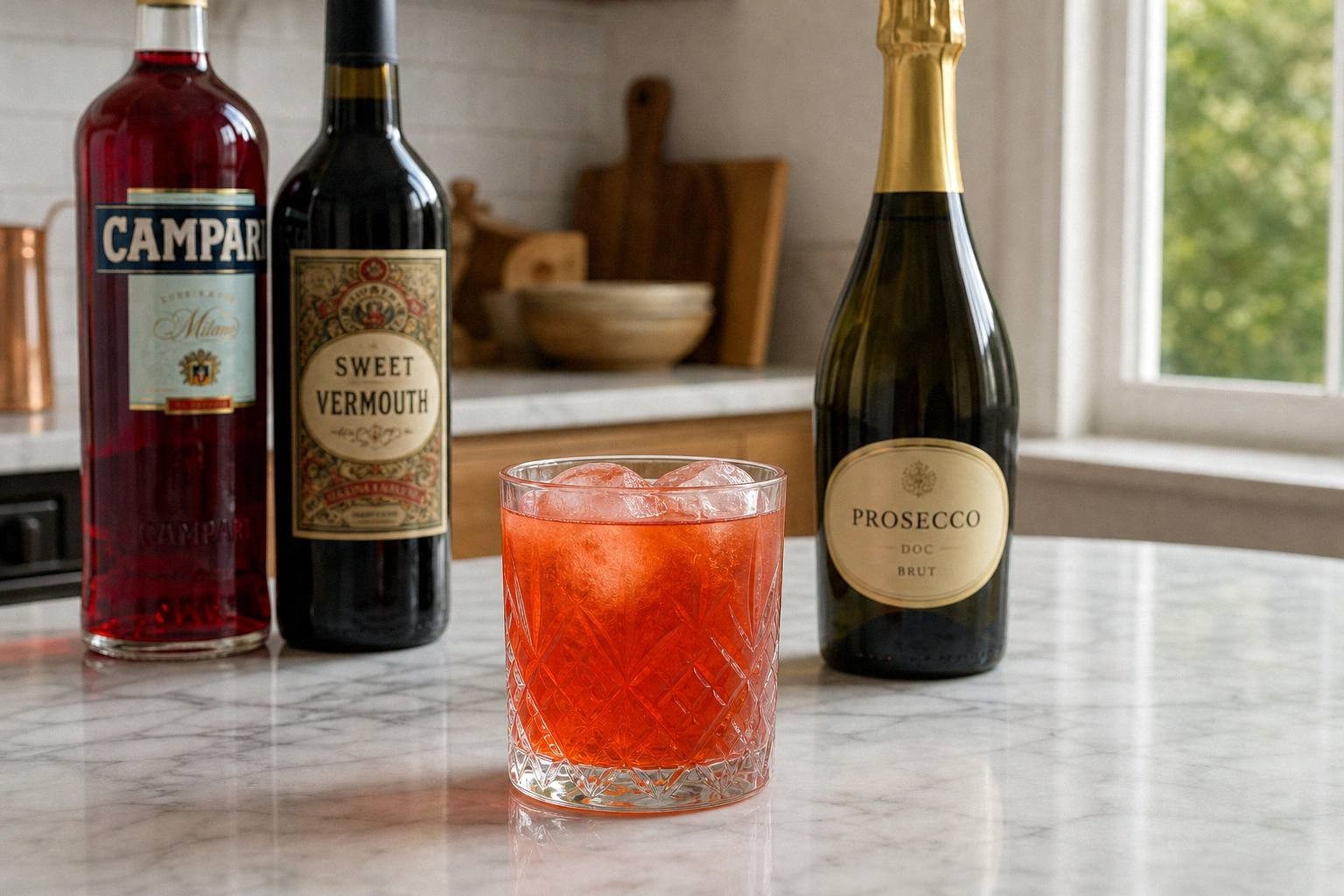 Negroni Sbagliato in a rocks glass with ice showing red Campari and prosecco bubbles