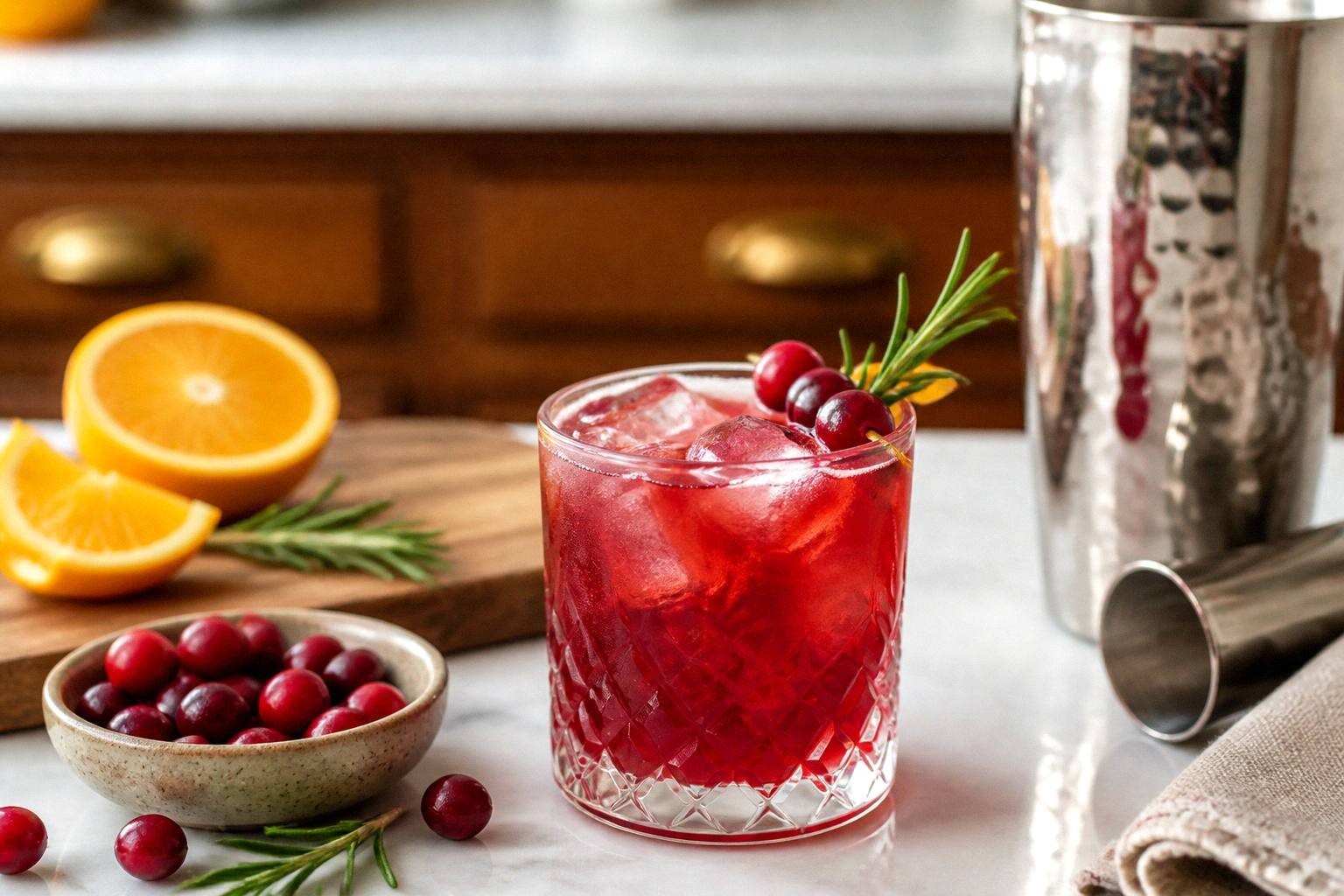 Cranberry bourbon cocktail in a lowball glass with ice, fresh cranberries, and rosemary sprig garnish