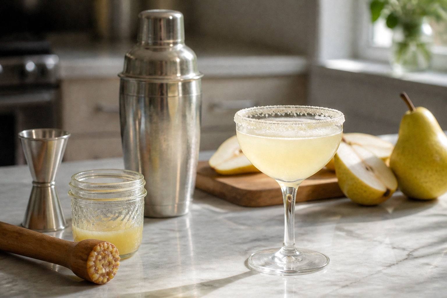 Pear gin fizz in a coupe glass with sugared rim, pear slice, and thyme sprig garnish