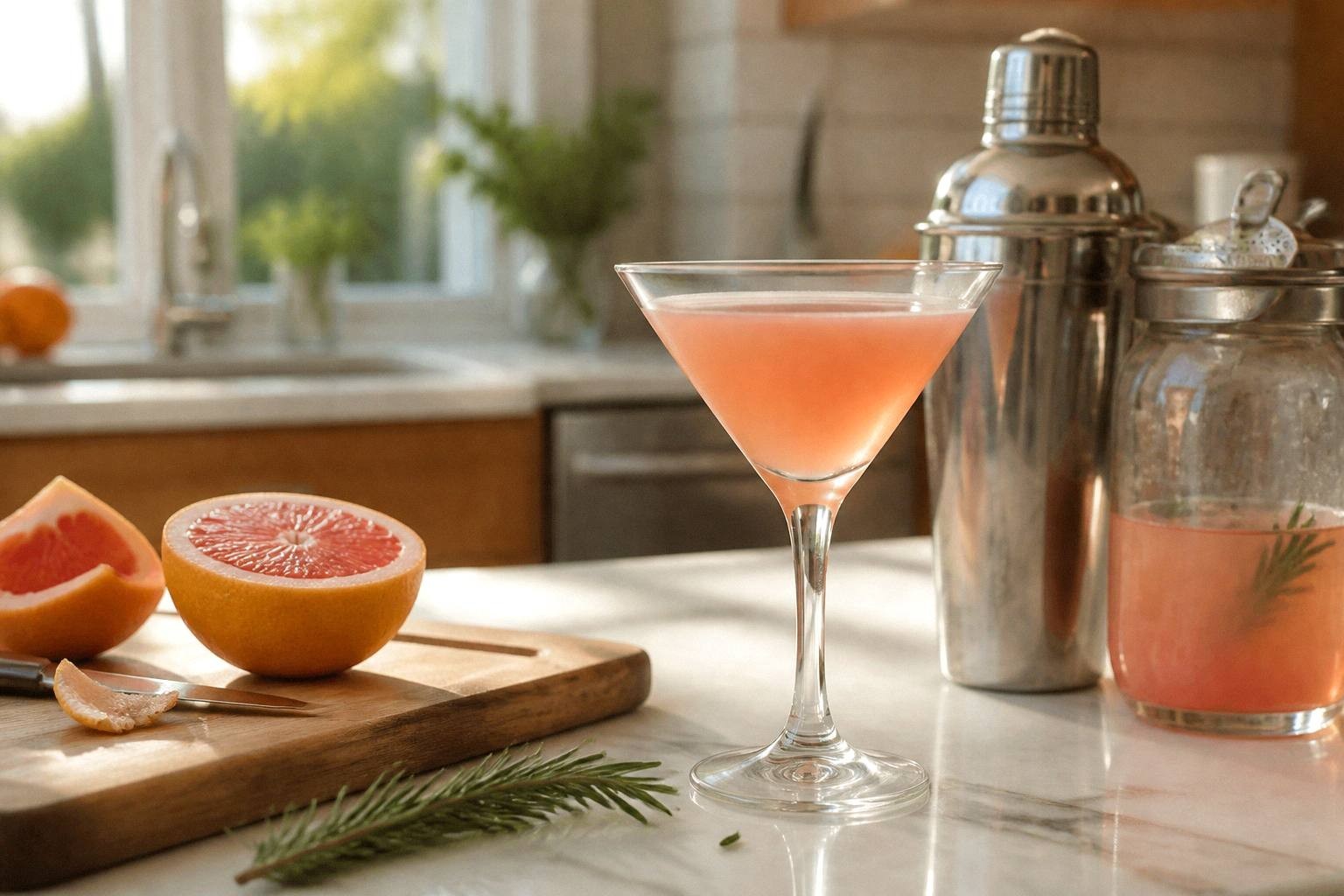 Rosemary grapefruit martini in a martini glass with fresh rosemary sprig and grapefruit slice