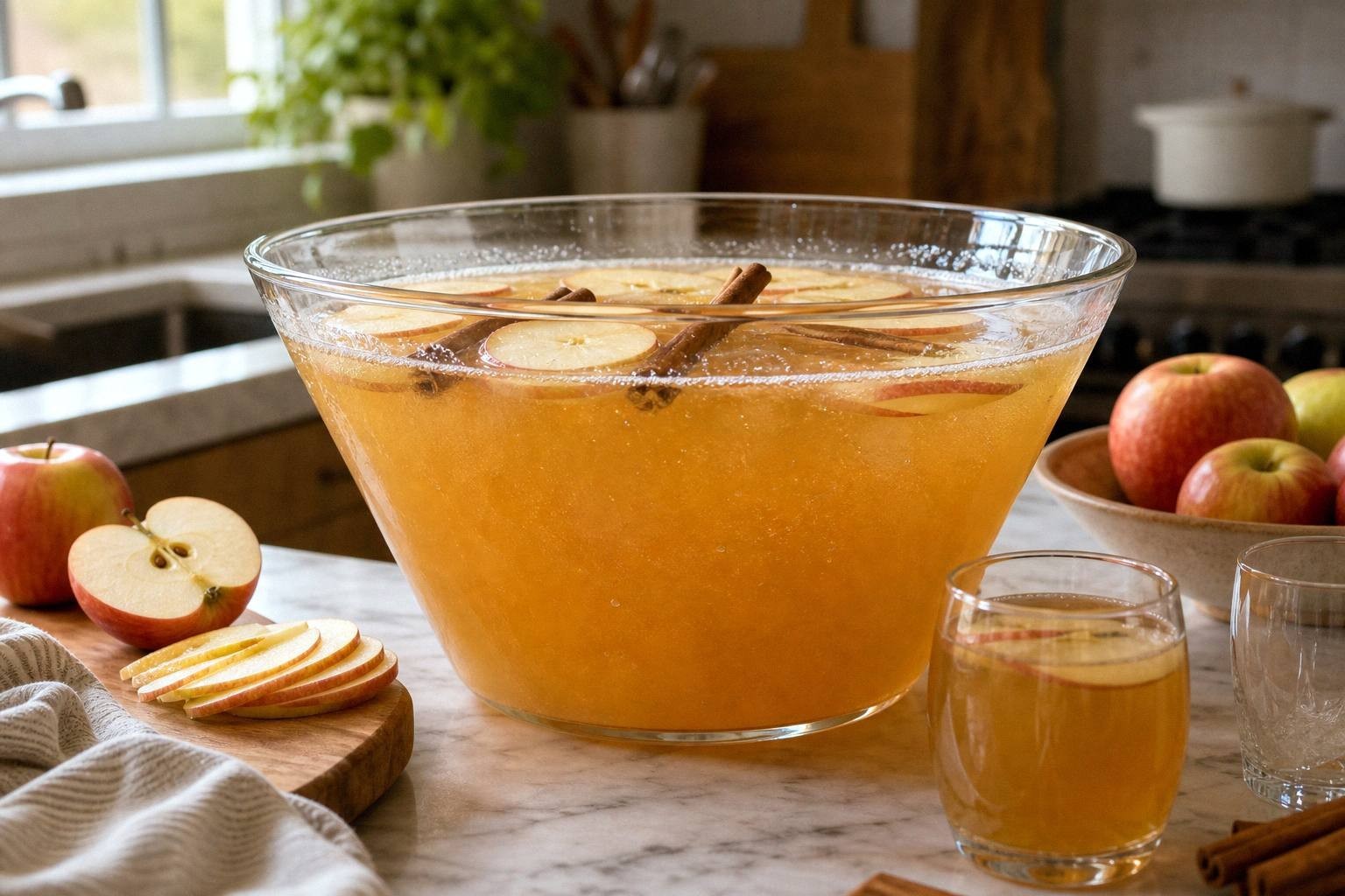 sparkling apple cider punch in glass bowl with floating apple slices, cinnamon sticks, and pomegranate seeds