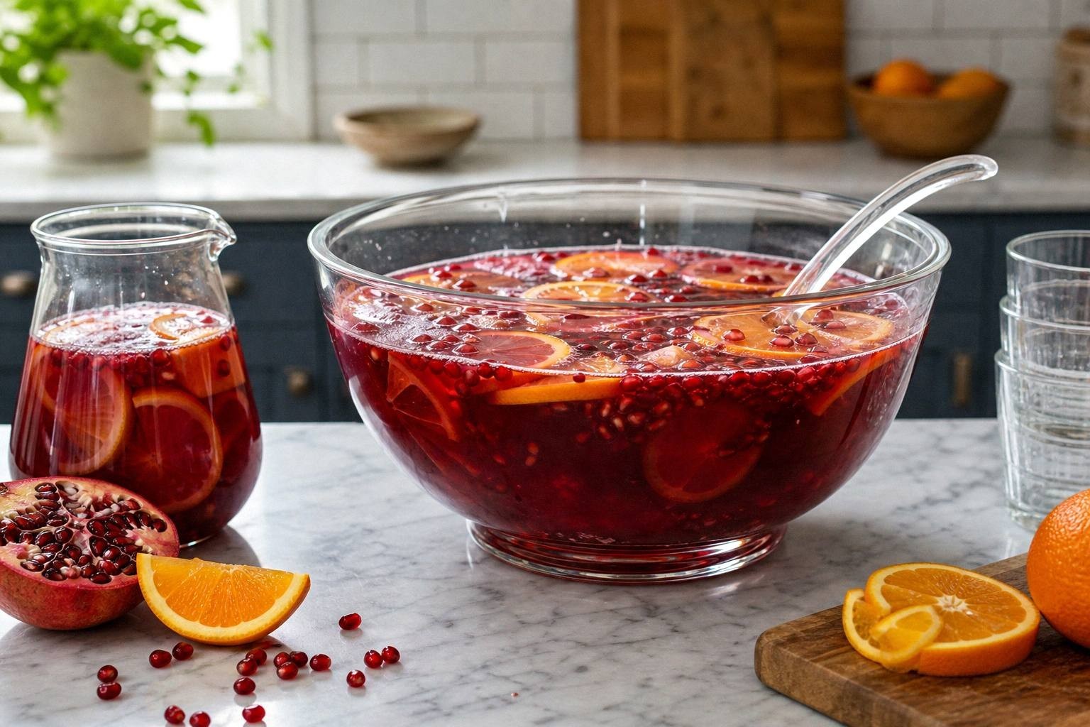 pomegranate orange punch in clear pitcher showing deep red color with orange slices and pomegranate arils