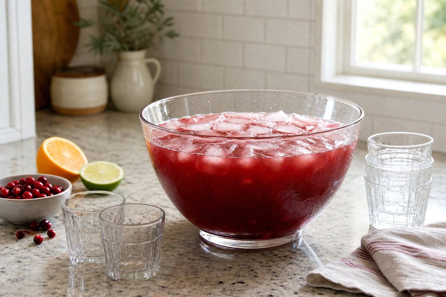 cranberry ginger ale punch in large bowl with frozen juice concentrate and ginger ale bottles nearby