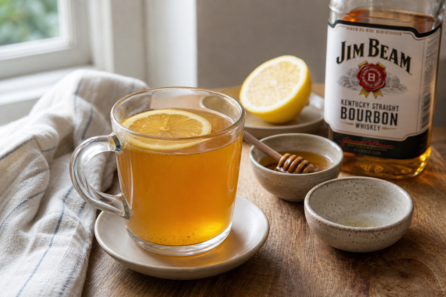 Hot toddy in a clear glass mug with a lemon twist floating on top and steam rising from the surface