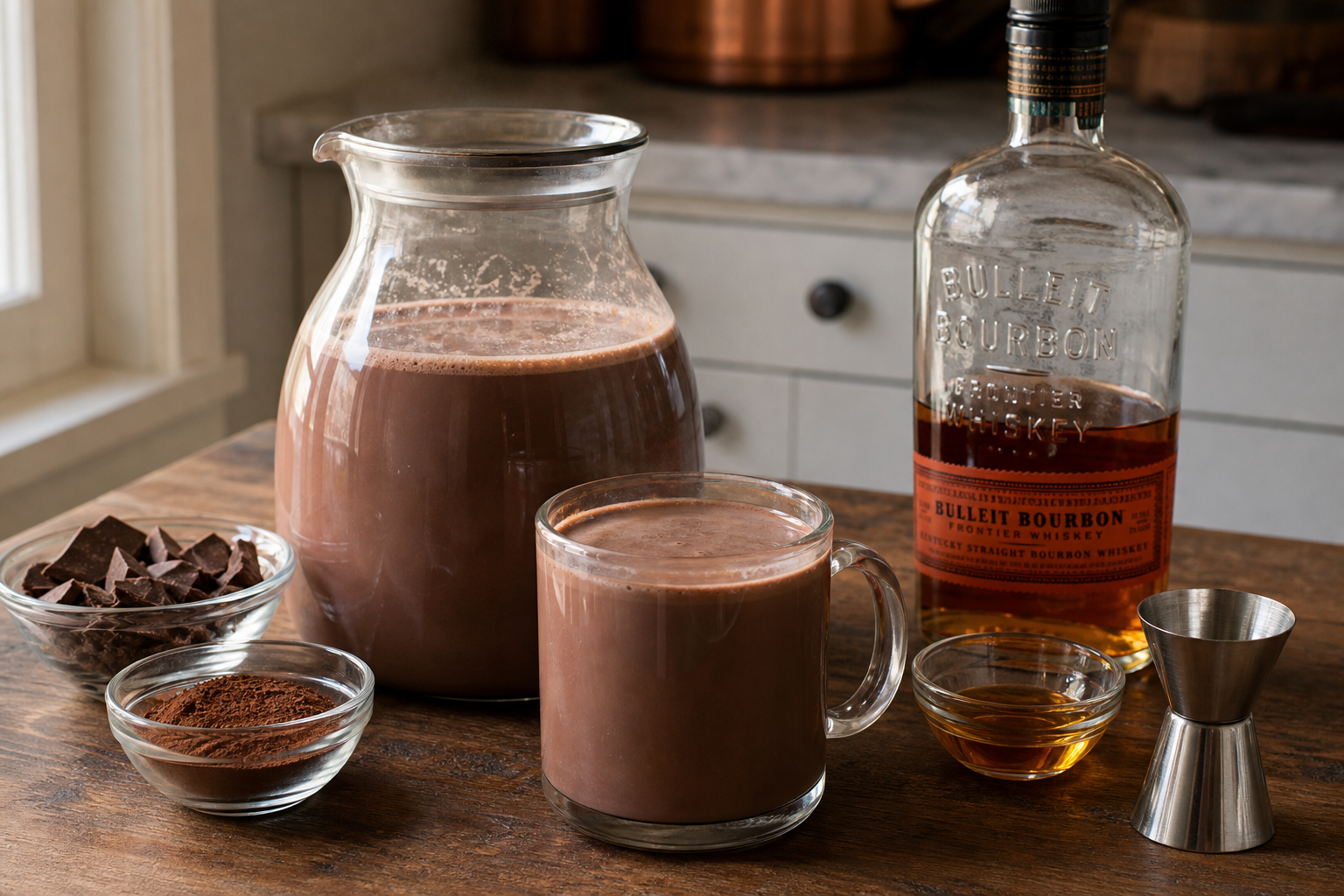 Spiked hot chocolate in a ceramic mug topped with whipped cream and cocoa powder dusting
