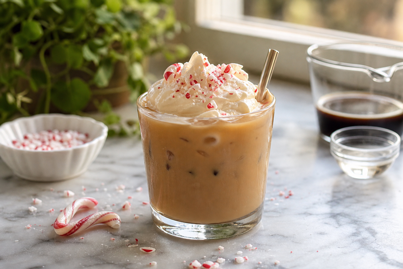 Peppermint white Russian in a rocks glass with cream floating on top and a candy cane garnish