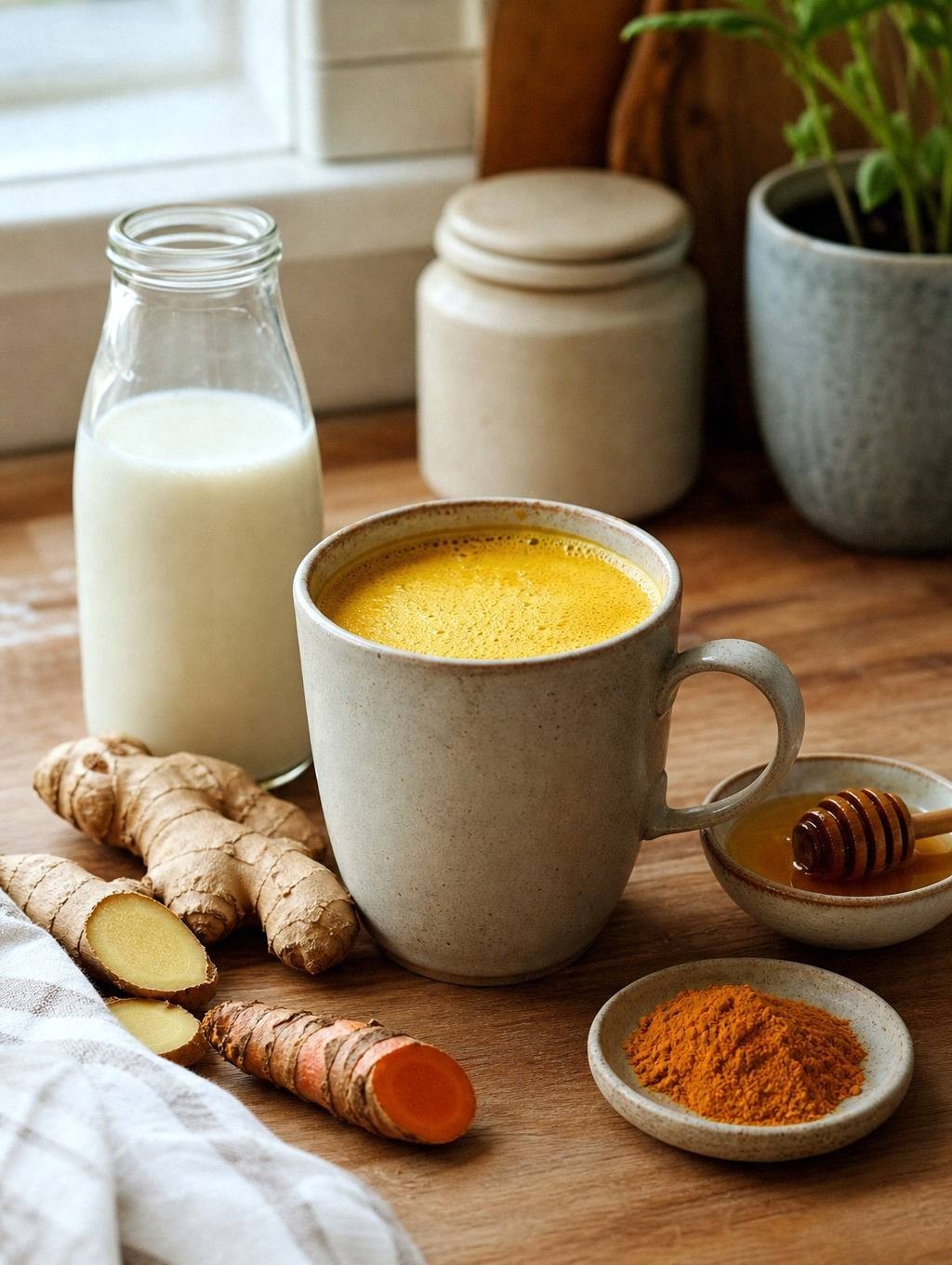 A mug of golden milk on a kitchen counter, warm and creamy with grated fresh turmeric and ginger beside it