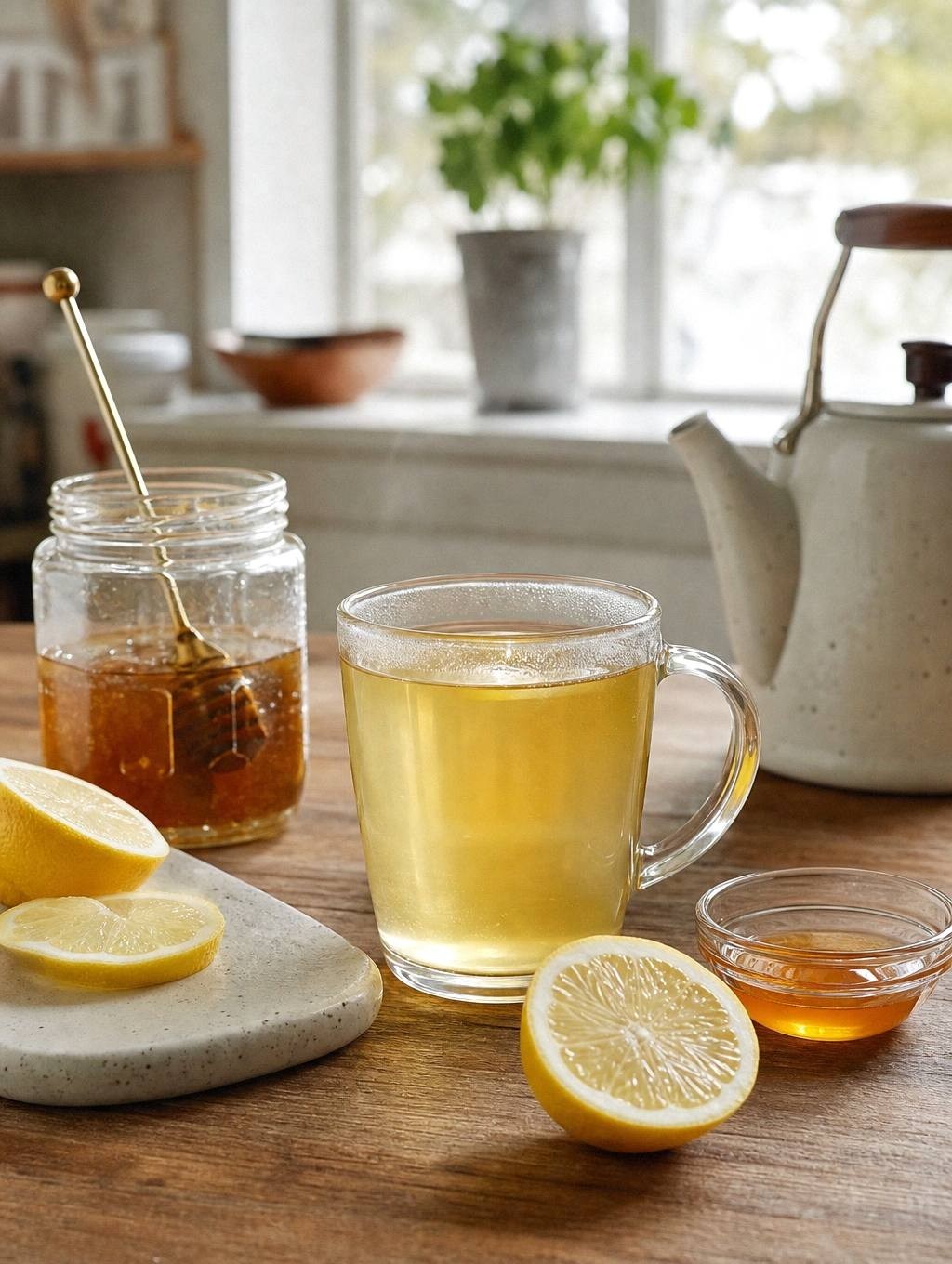 A clear mug of honey lemon tea on a wooden table with a halved lemon and a spoon of honey beside it