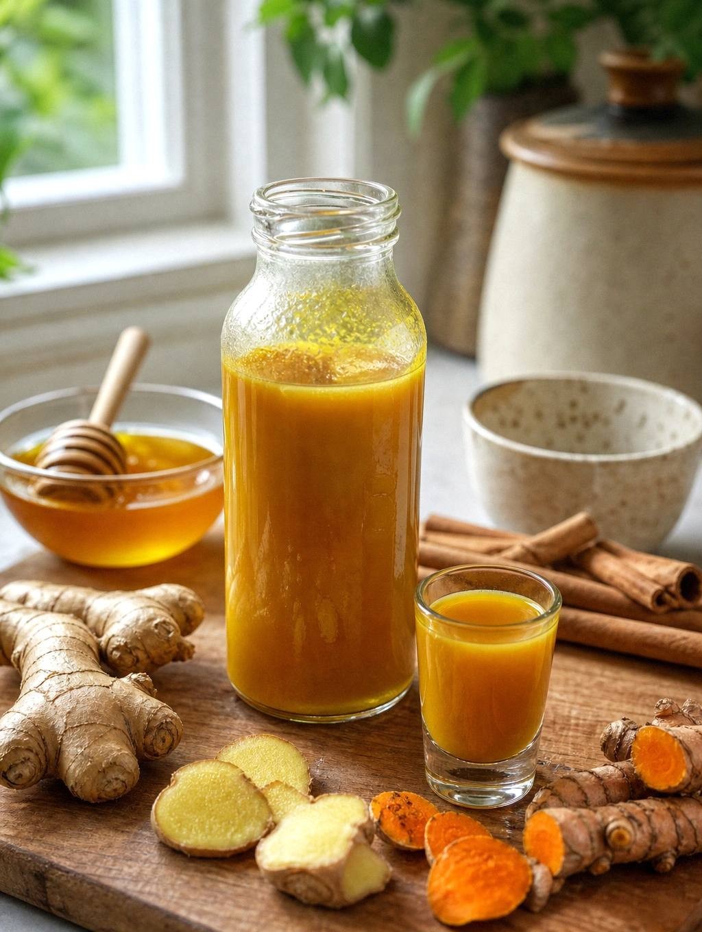 A small glass of concentrated golden turmeric tonic on a counter beside fresh turmeric root and a citrus juicer