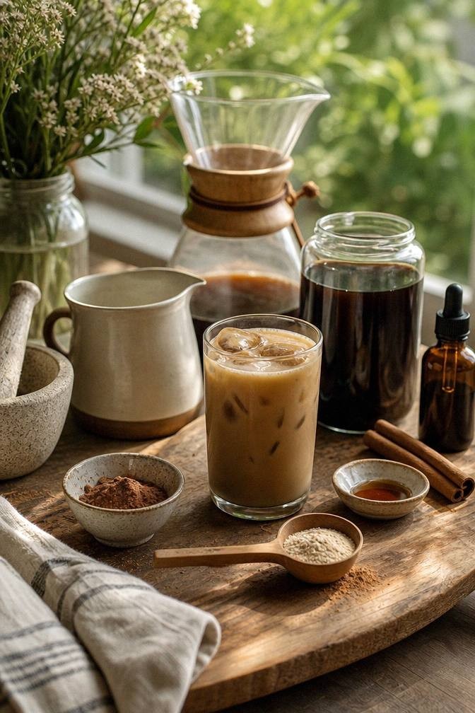 adaptogen coffee setup with cold brew espresso cocoa cinnamon vanilla maple syrup oat milk and small spoon on a kitchen counter
