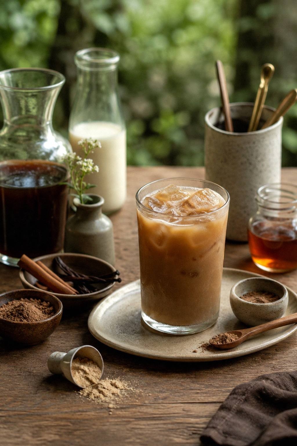 iced adaptogen coffee in a glass with oat milk cold brew cocoa cinnamon and dissolved mushroom coffee powder