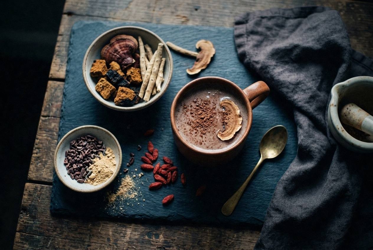 Three glasses of adaptogen drinks on marble counter: creamy ashwagandha moon milk, clear iced reishi lemonade with lemon slices, and fizzy holy basil cooler with lime garnish and fresh tulsi leaves