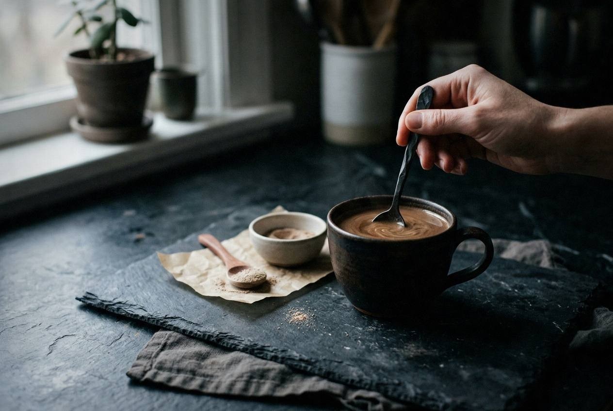 Hands whisking ashwagandha powder into warm oat milk in small saucepan, showing creamy beige color and smooth texture of adaptogen moon milk preparation