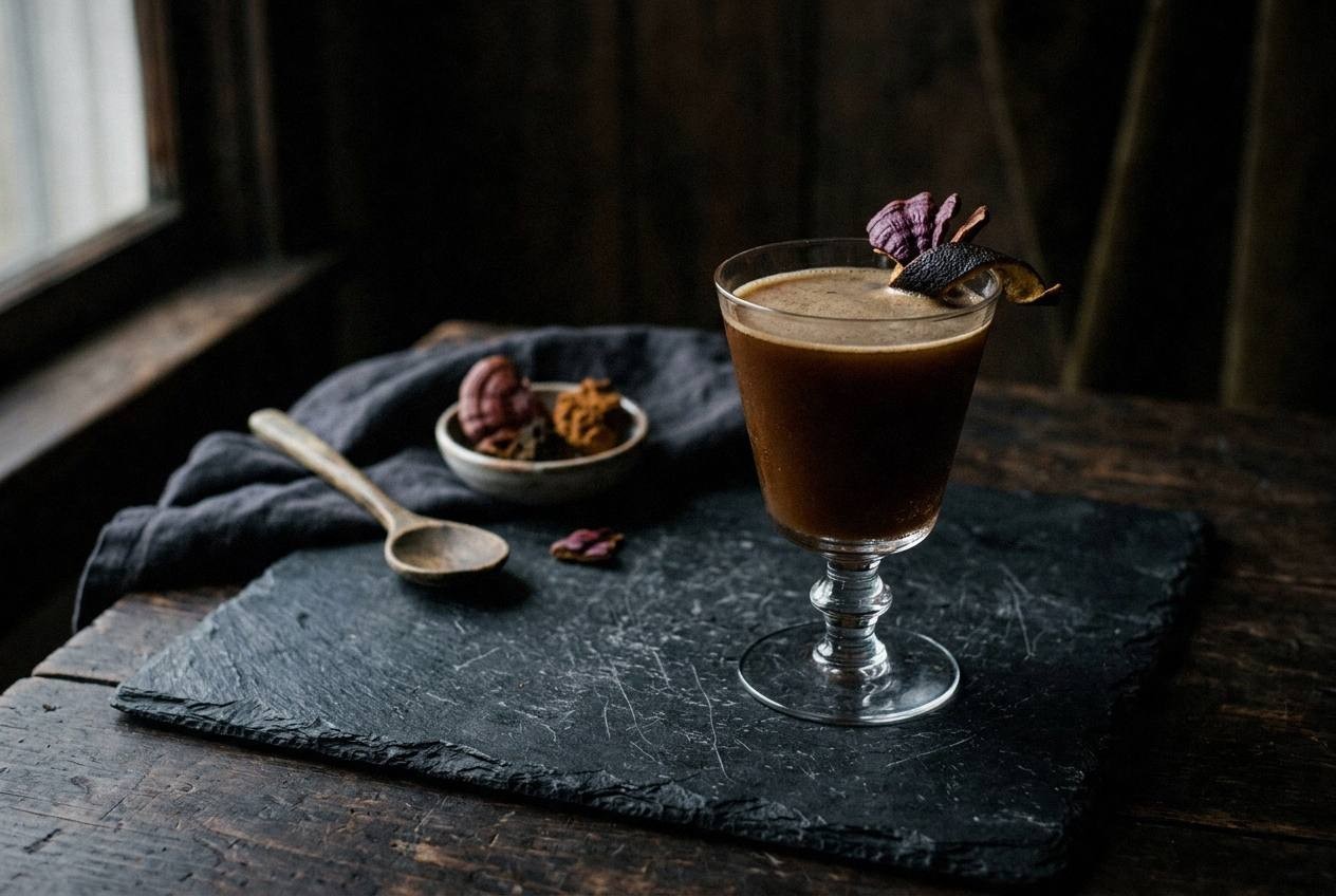 Overhead view of finished holy basil cooler in clear glass with ice, lime wheels, fresh tulsi leaves floating, bubbles from sparkling water, on white linen with scattered holy basil leaves
