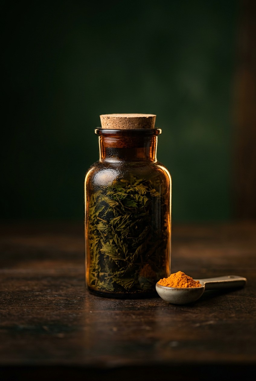 Spring allergy relief drink ingredients including dried nettle leaf, turmeric powder, elderflower, ginger, and fresh lemon on white marble counter