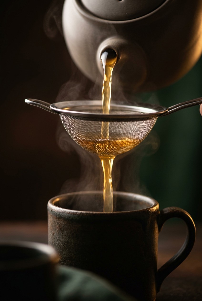 Steeping nettle and elderflower tea in glass teapot with golden liquid and visible dried herbs floating, natural morning light