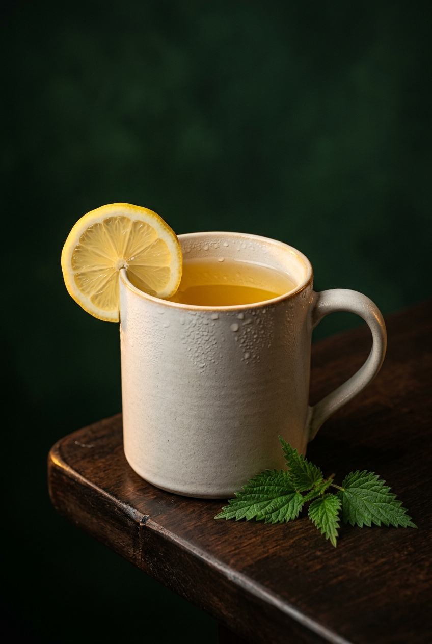 Finished allergy relief herbal drink in clear glass mug with golden yellow color, lemon slice garnish, nettle leaves beside mug on wooden table