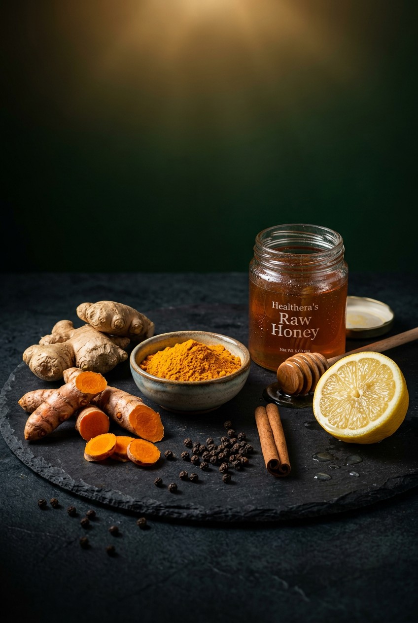 golden turmeric anti-inflammatory drink in glass mug with fresh ginger root and turmeric powder on wooden board, steam rising, warm morning light