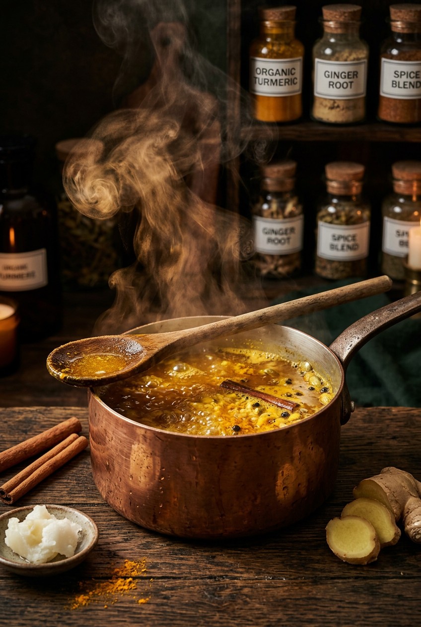 simmering turmeric ginger drink in saucepan with wooden spoon, golden liquid with spices visible, kitchen counter with ingredients