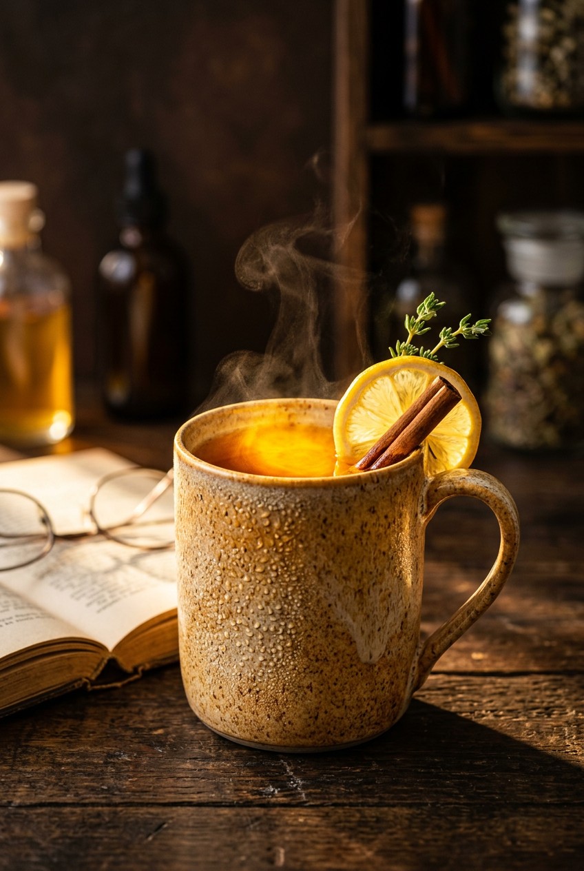 finished golden hour anti-inflammatory tonic in ceramic mug with lemon slice garnish and cinnamon stick, morning sunlight, cozy setting with book