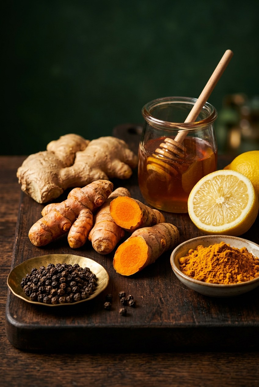 golden turmeric anti-inflammatory morning drink in glass mug with fresh ginger root and black peppercorns on wooden board