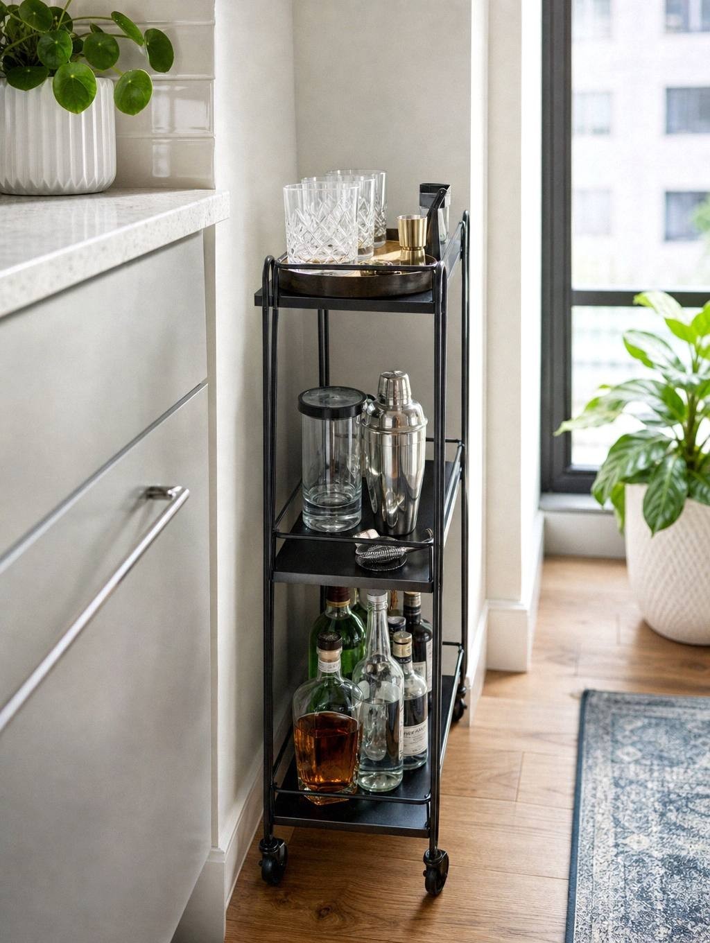 narrow black three-tier bar cart wedged between a kitchen counter and a wall on a hardwood floor