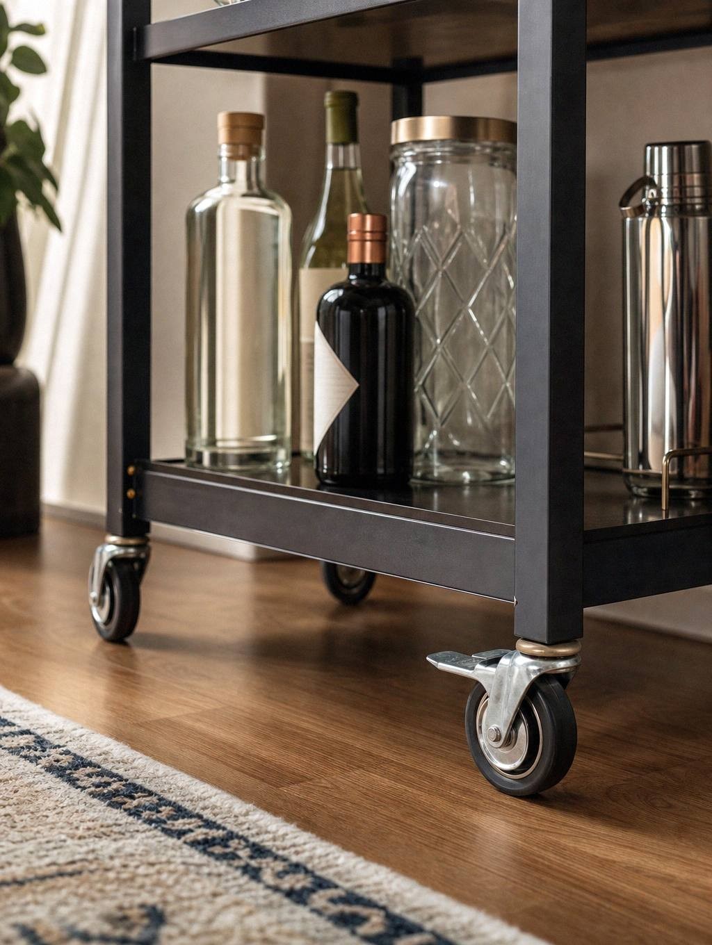 close view of a bar cart lower shelf and a caster wheel with its brake lever engaged on hardwood